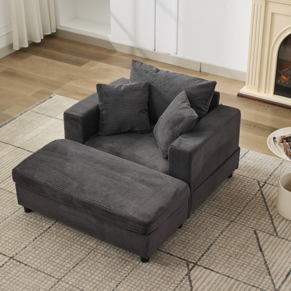 Modern Chaise Lounge Chair w/ Ottoman Sleeper Sofa Bed Dark Gray Corduroy