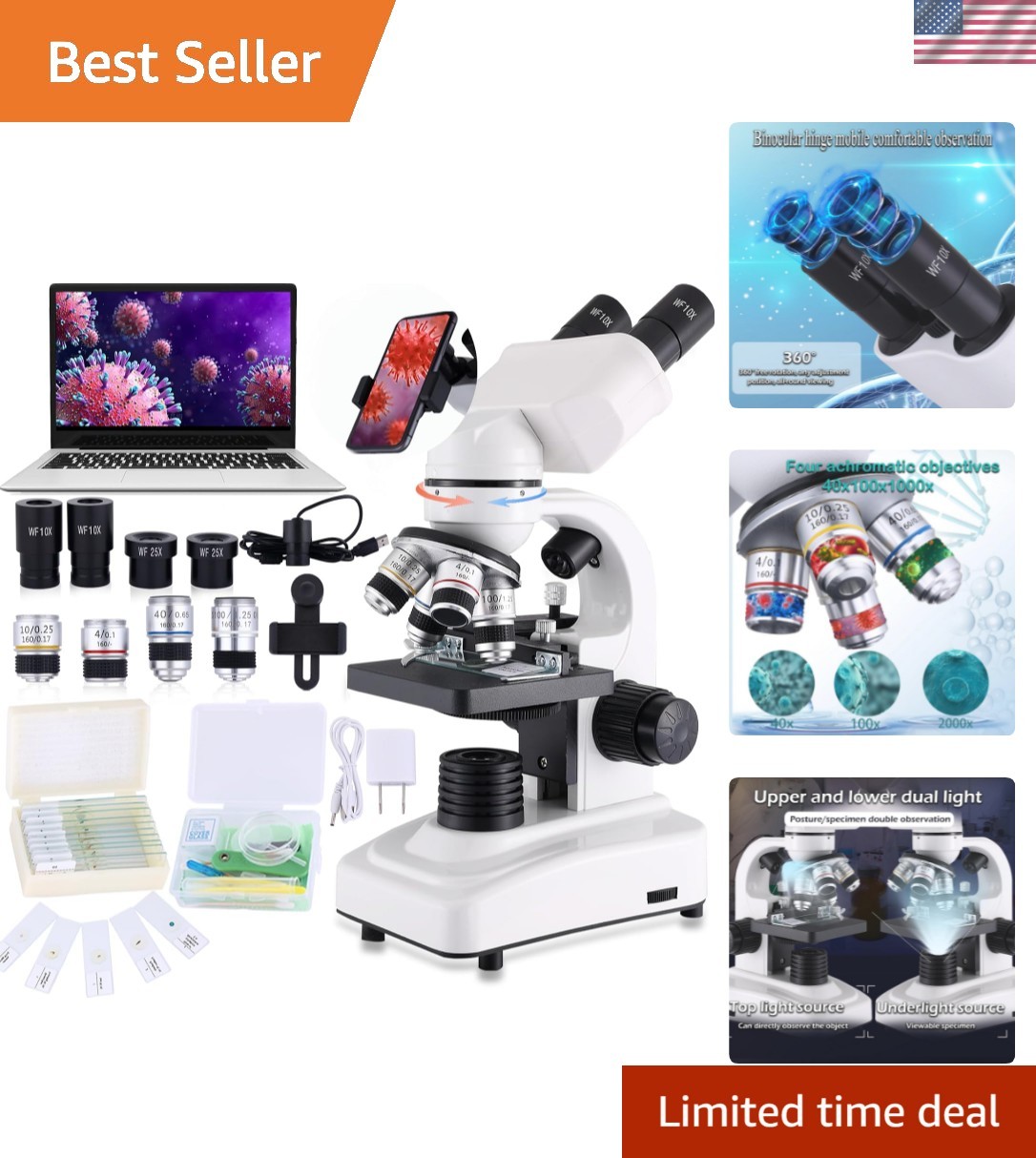 Compound Microscope，40X-2500X ，WF10x and WF25x eyepieces, Dual LED Lighting a...