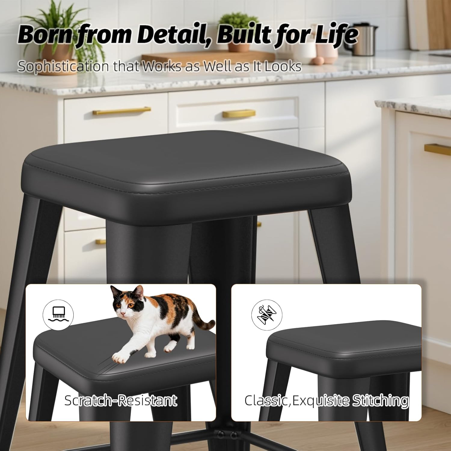 Set of 4 Industrial Metal Bar Stools with Upholstered Seats - 26 Inch Black