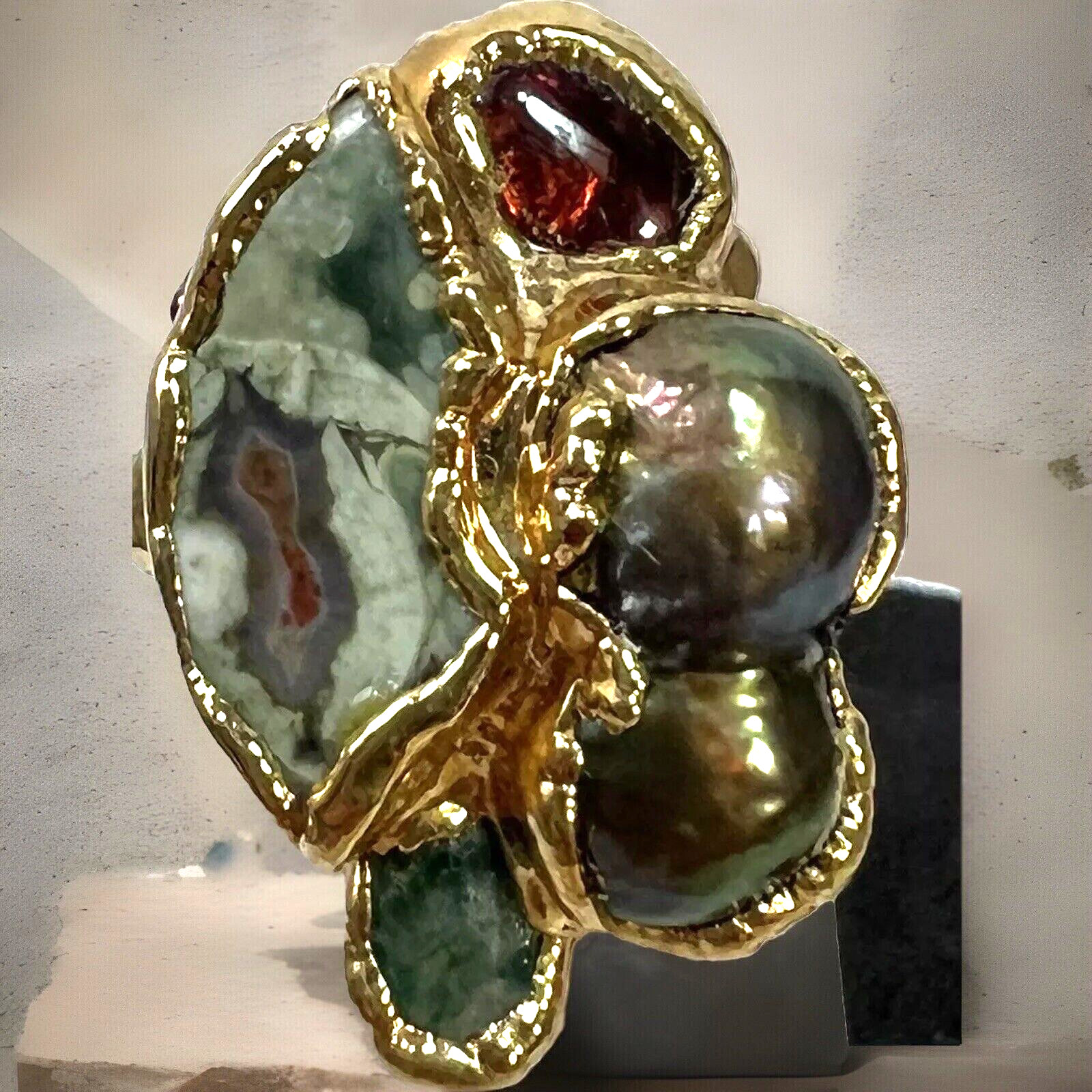 Artisan Pizazz Ring Cluster Natural Gemstones Ryolite FWP Garnet Statement Boho