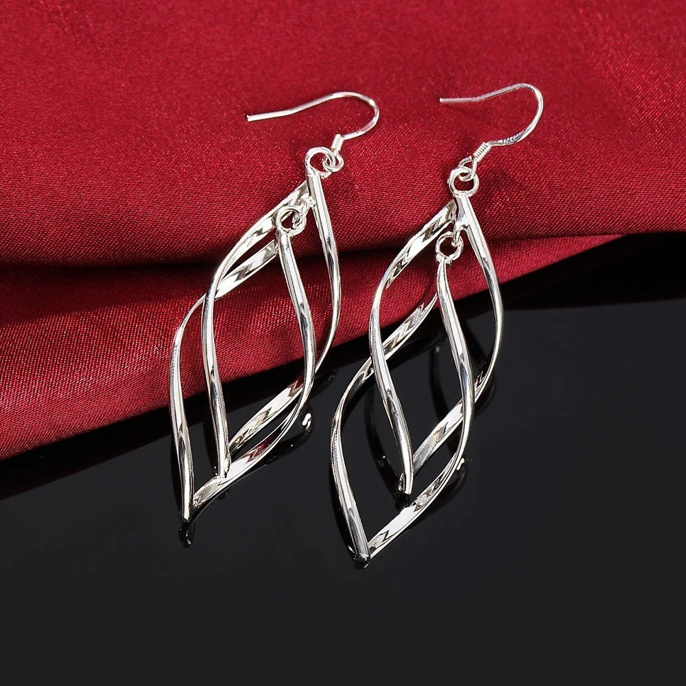 Womens 925 Sterling Solid Silver Twist Spiral Long Drop Dangle Charm Earrings