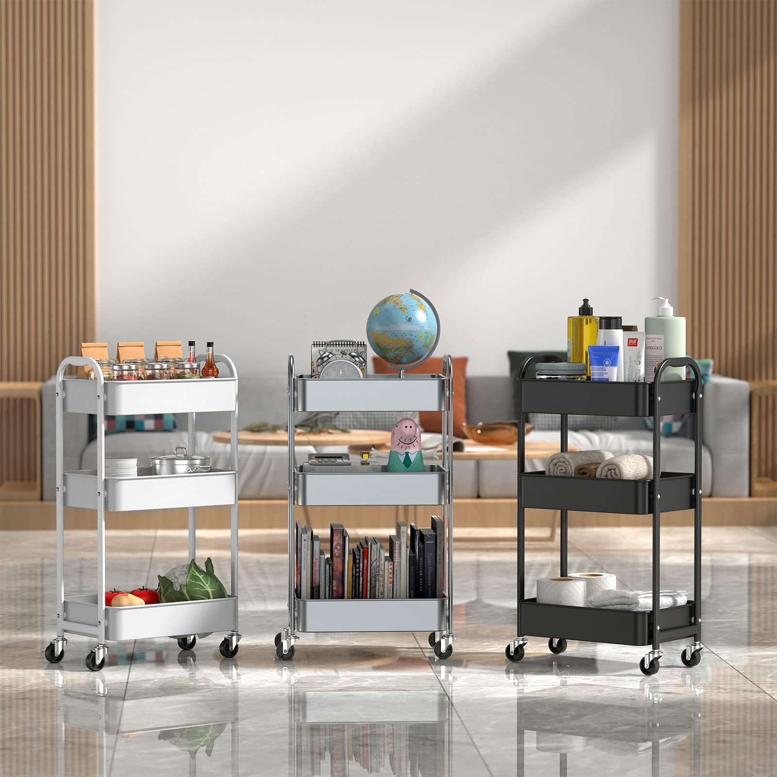 3-Tier Rolling Utility Cart with Caster Wheels,Easy Assembly, for Kitchen, Ba...