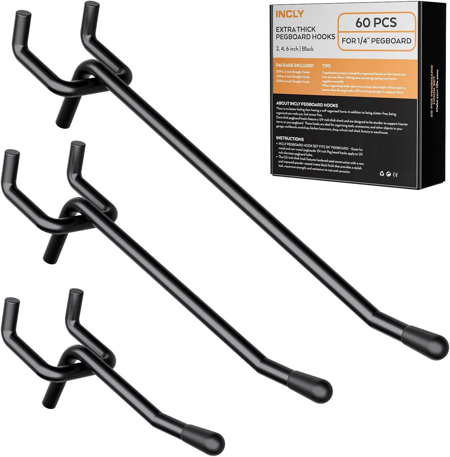 60 Pack 2/4/6 Inch Black Pegboard Hooks, 1/4" Heavy Duty Peg Board Shelving Hook