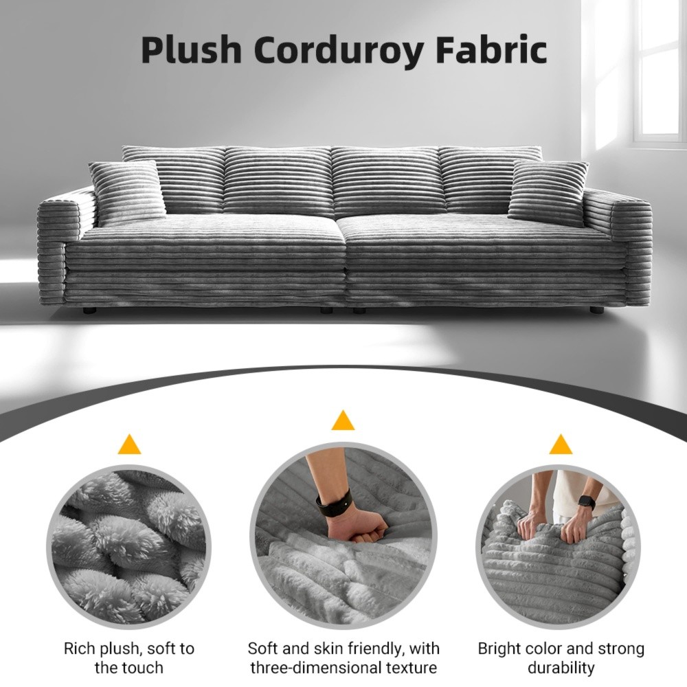 Modern Corduroy 3-Seat Cloud Sofa w/ Ottoman, Deep Seat Chair Grey