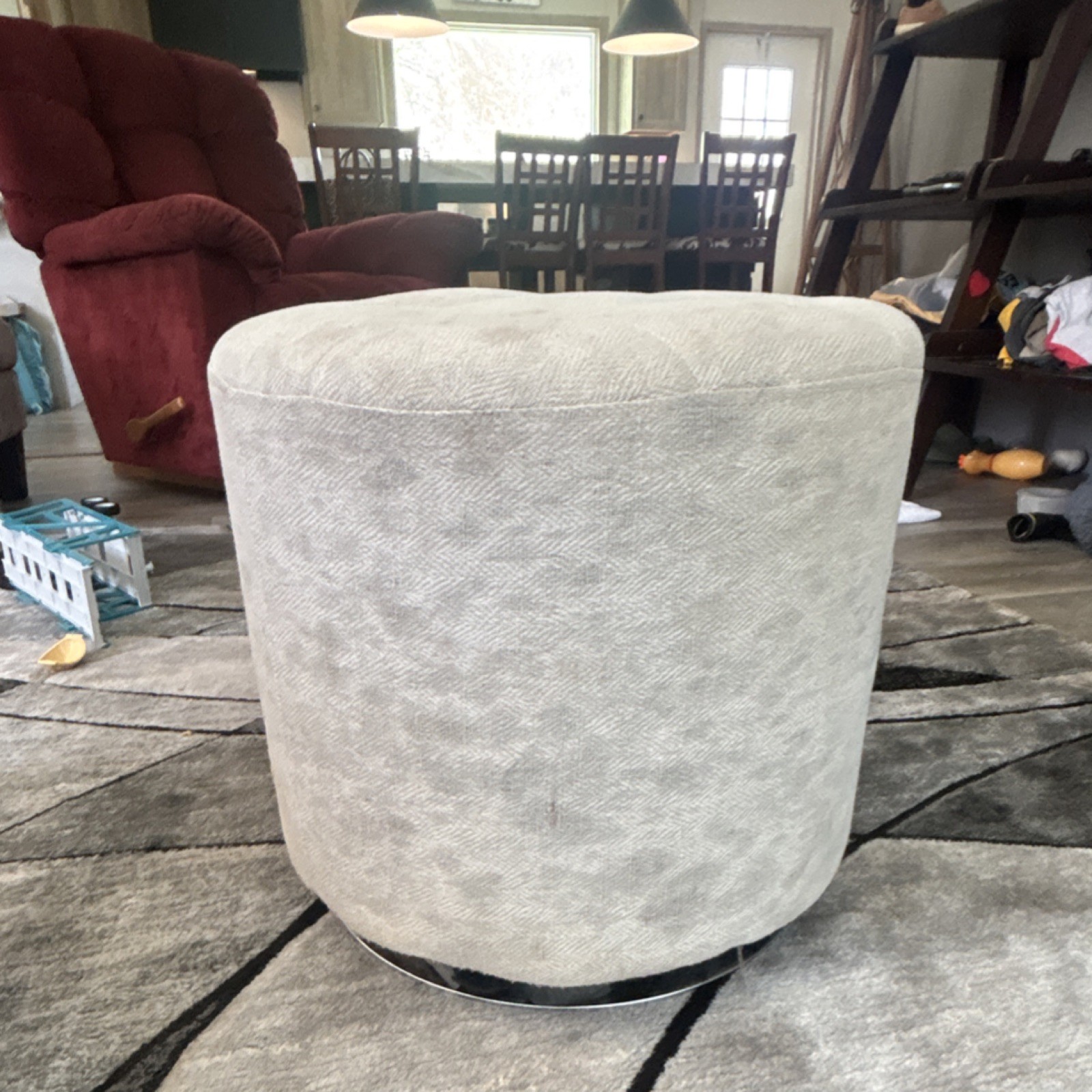Modern Round Tufted Ottoman Beige Fabric Foam Upholstered Living Room Furniture