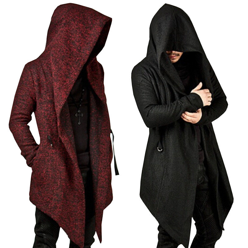 Gothic Mens Punk Hooded Sweater Cardigan Cloak Cape Jacket Poncho Hip-Hop Coat