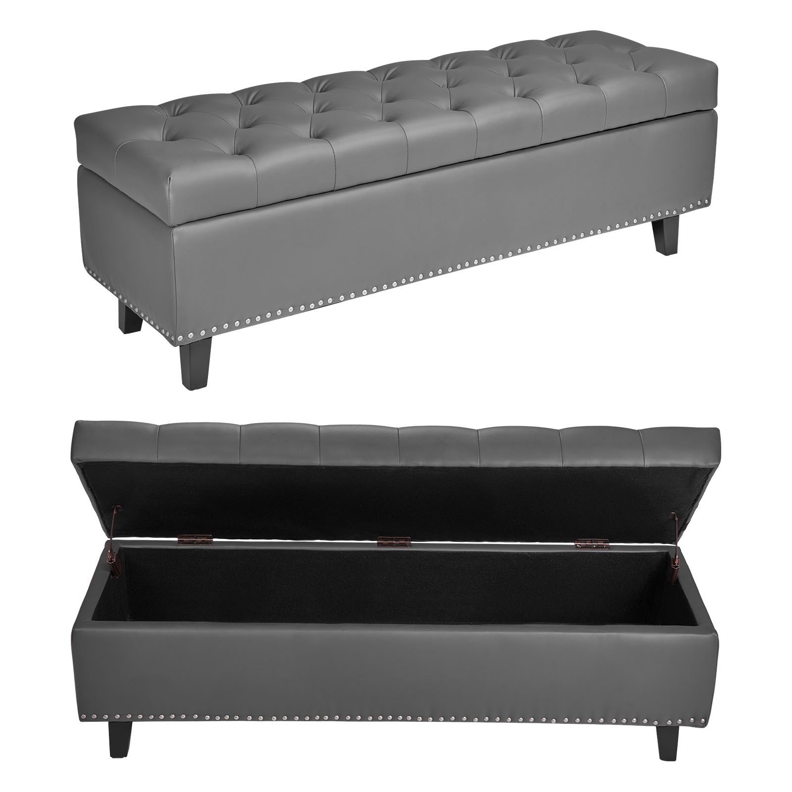VEVOR Button-Tufted Storage Ottoman Bench PU Leather Bench with Wood Legs Gray