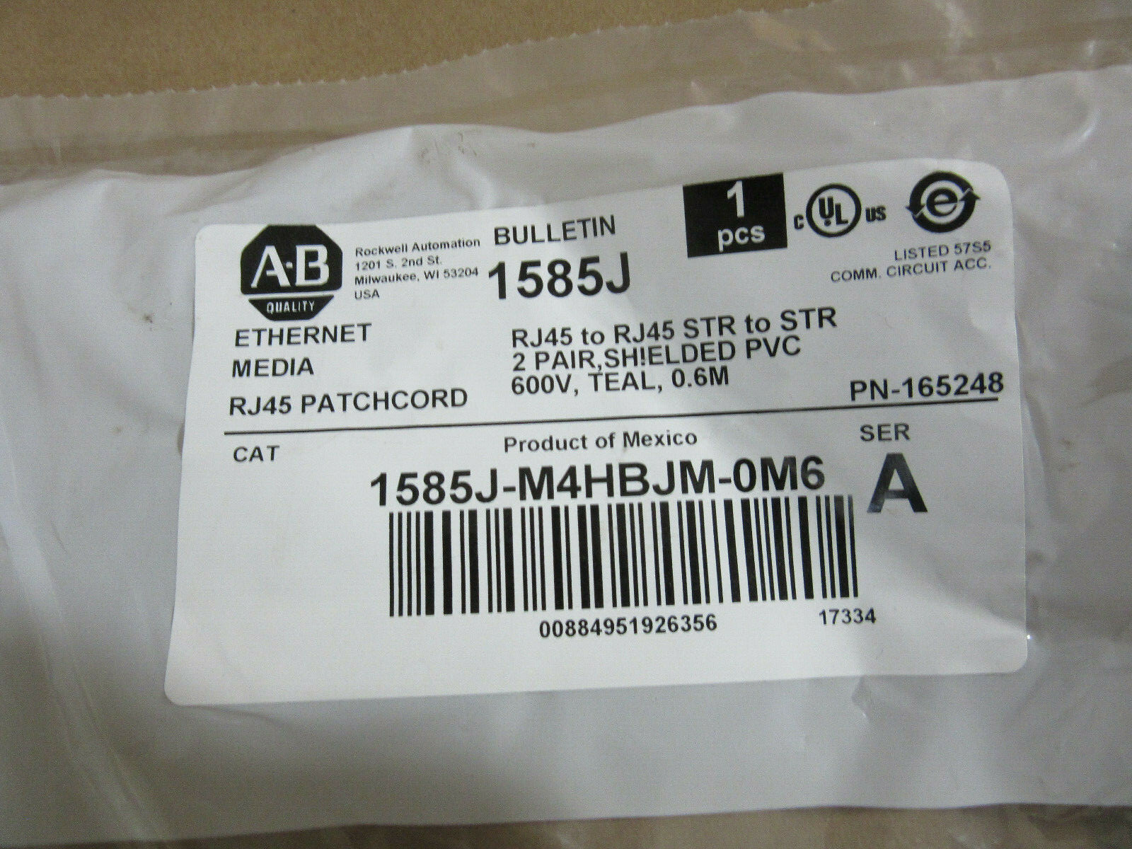Allen Bradley 1585J-M4HBJM-0M6 Patchcord RJ45 to RJ45 NEW!!! in Factory Bag