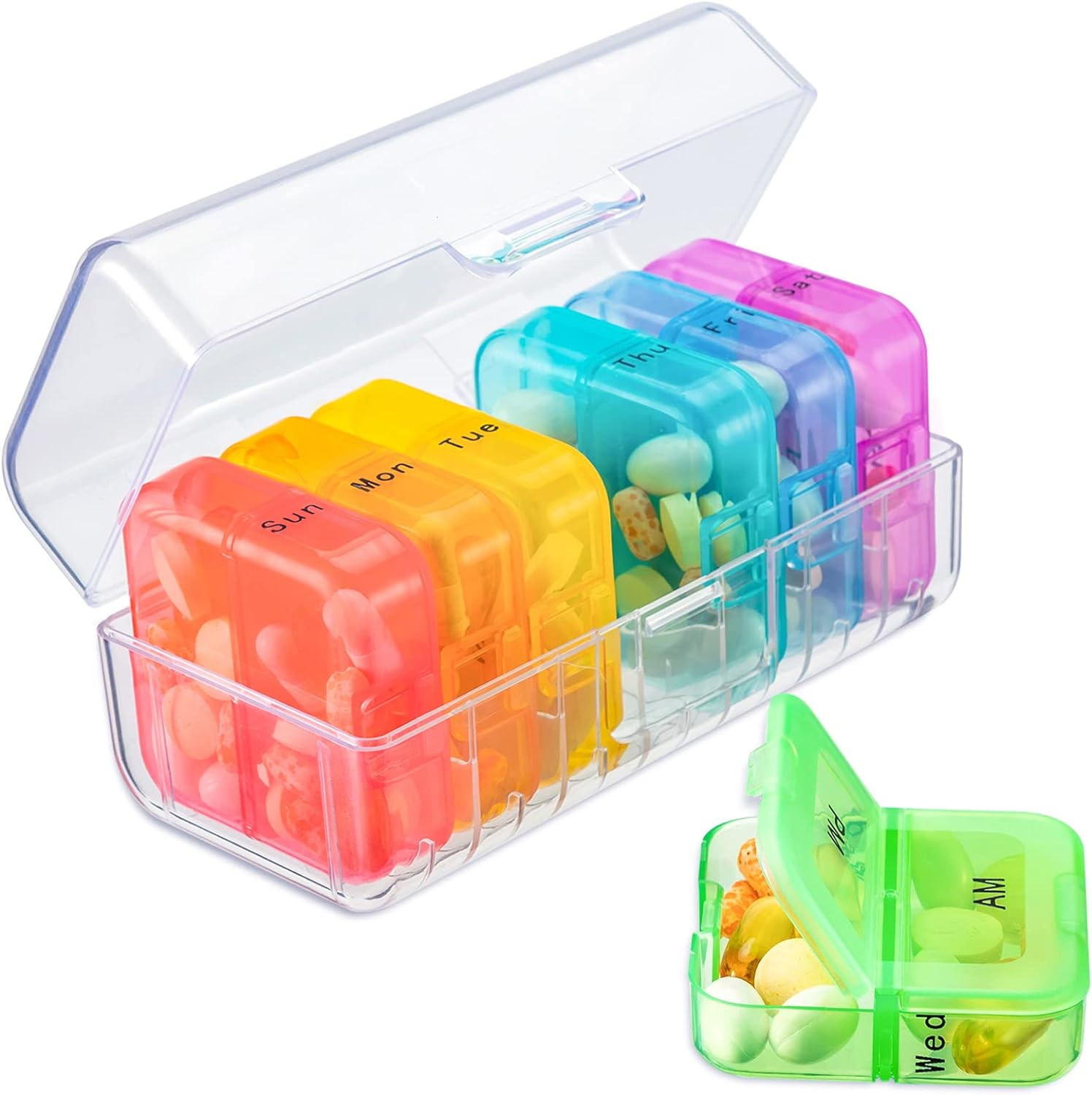 Weekly 2x Daily Pill Organizer, Rainbow 7 Day AM/PM Box, Portable for Medication