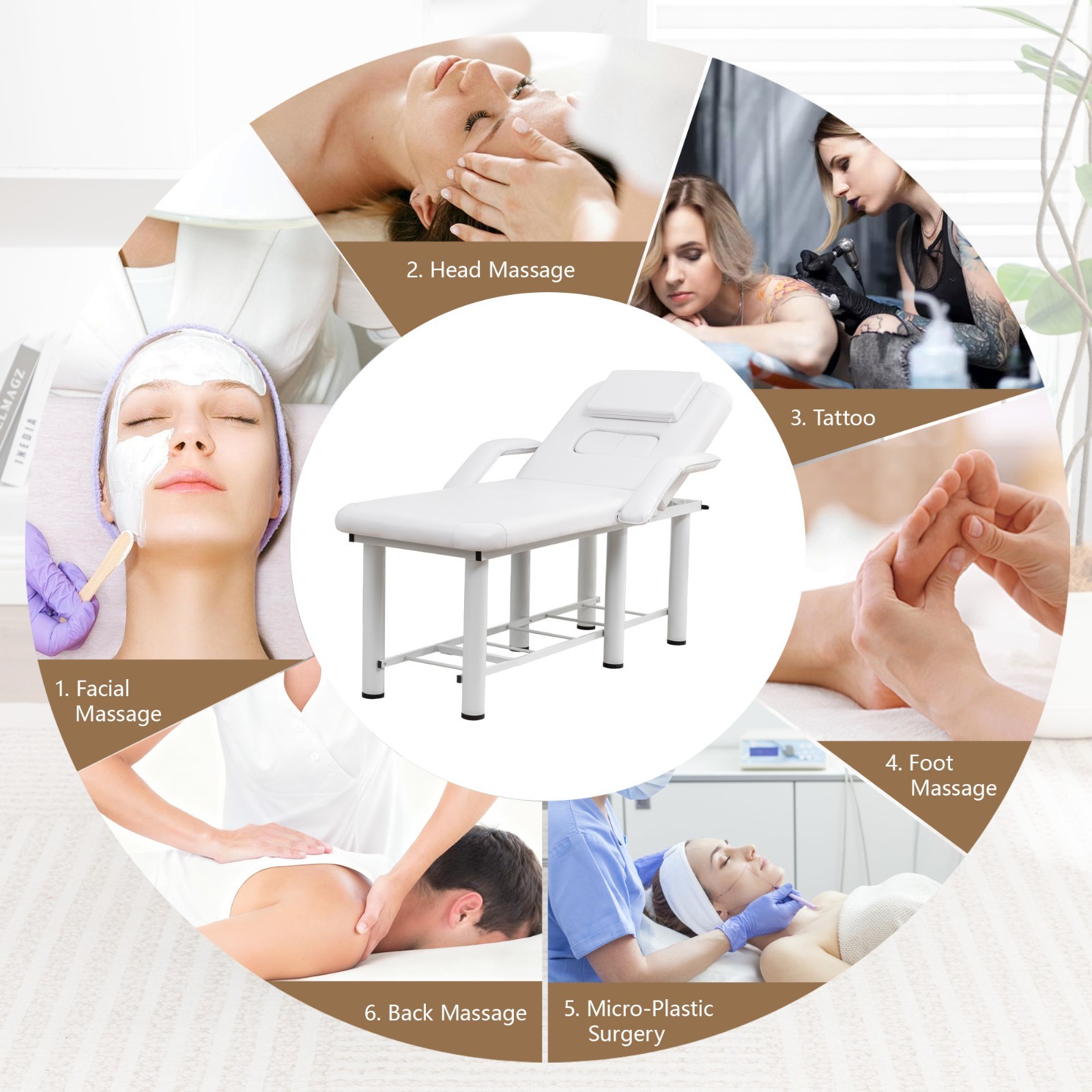 Professional Massage Bed Adjustable Height & Backrest Spa Facial Bed, White