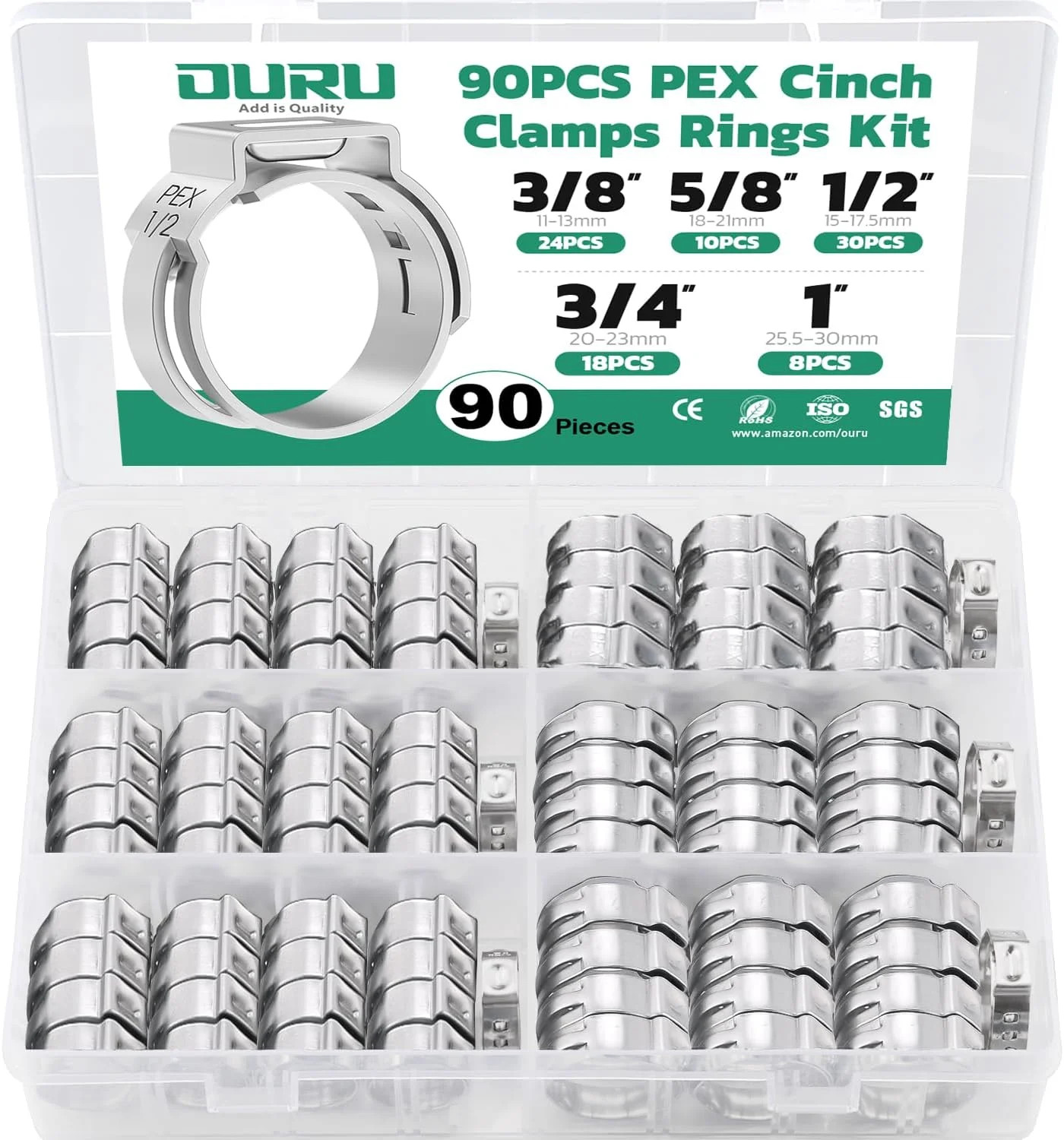 OURU 90PCS Pex Crimp Rings Assortment,304 Stainless Steel Pex Clamps 3/8",1/2",3