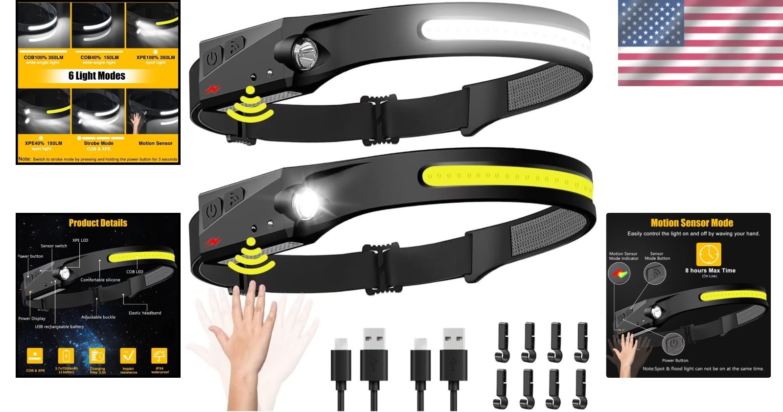 LED Headlamp with Motion Sensor - Camping Accessories 2 Pack