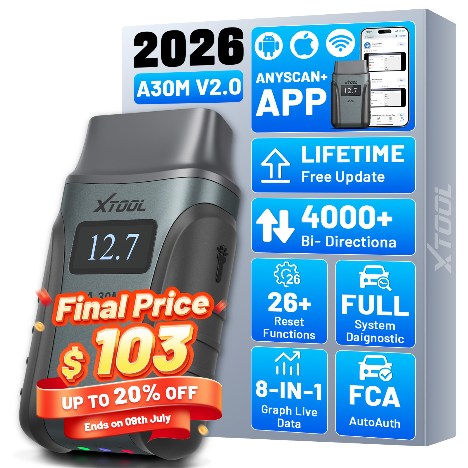 XTOOL A30M V2.0 Bidirectional Full System Diagnostic Tool Auto OBD2 Scanner FCA