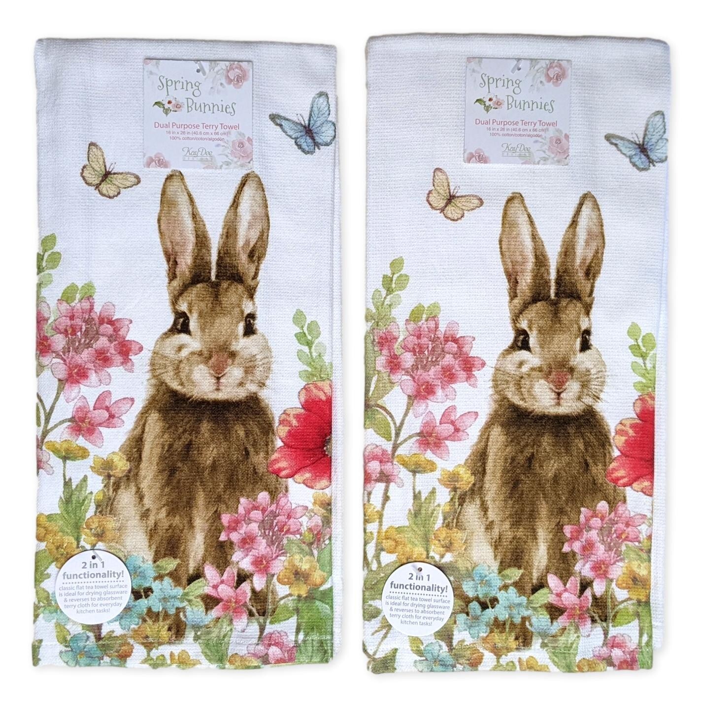 Set of 2 GARDEN BUNNY Floral Terry Kitchen Towels by Kay Dee Designs