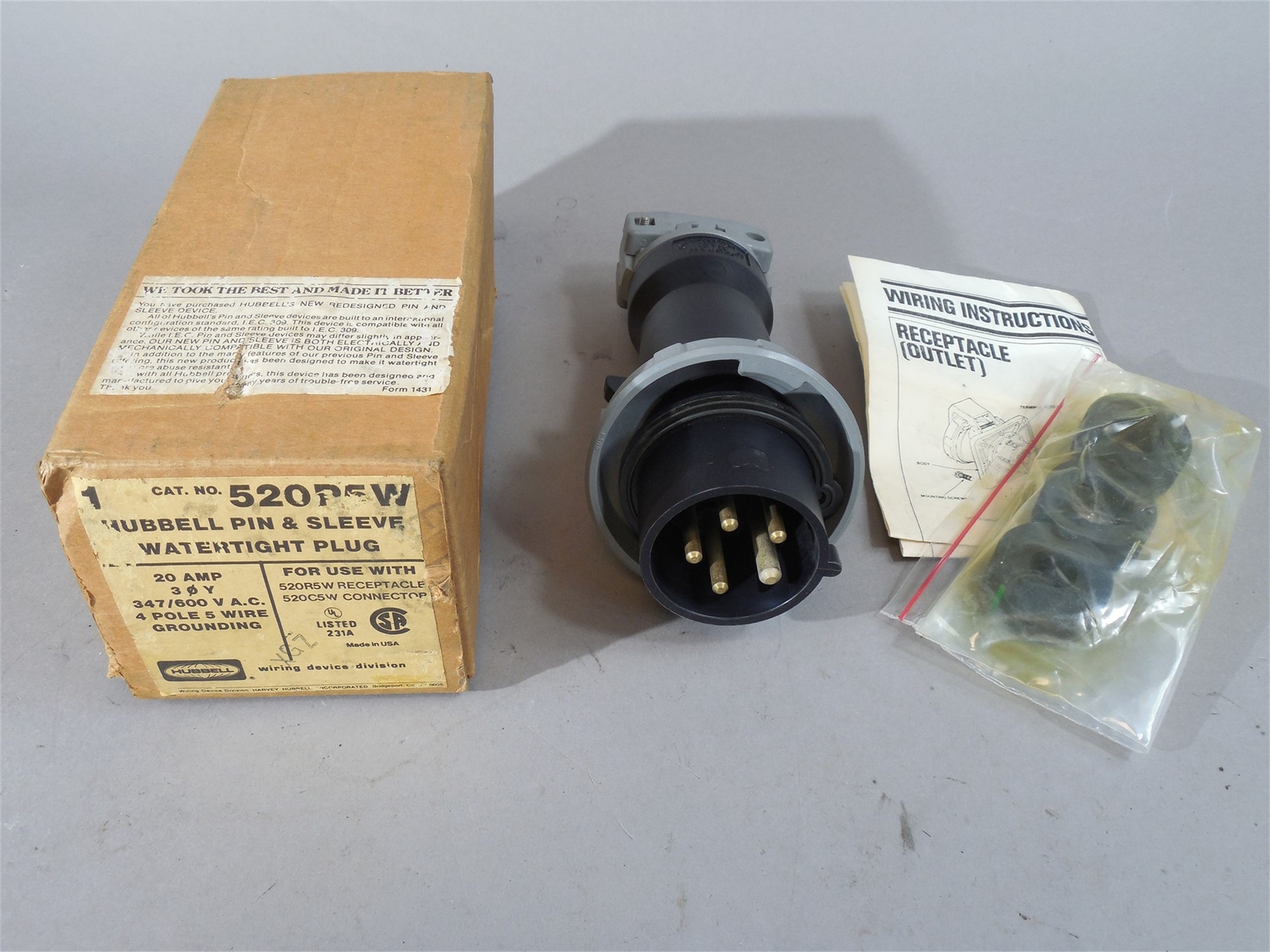 Hubbell 520P5W Pin & Sleeve Watertight Plug 20A 347/600VAC 4 Pole 5 Wire - NEW