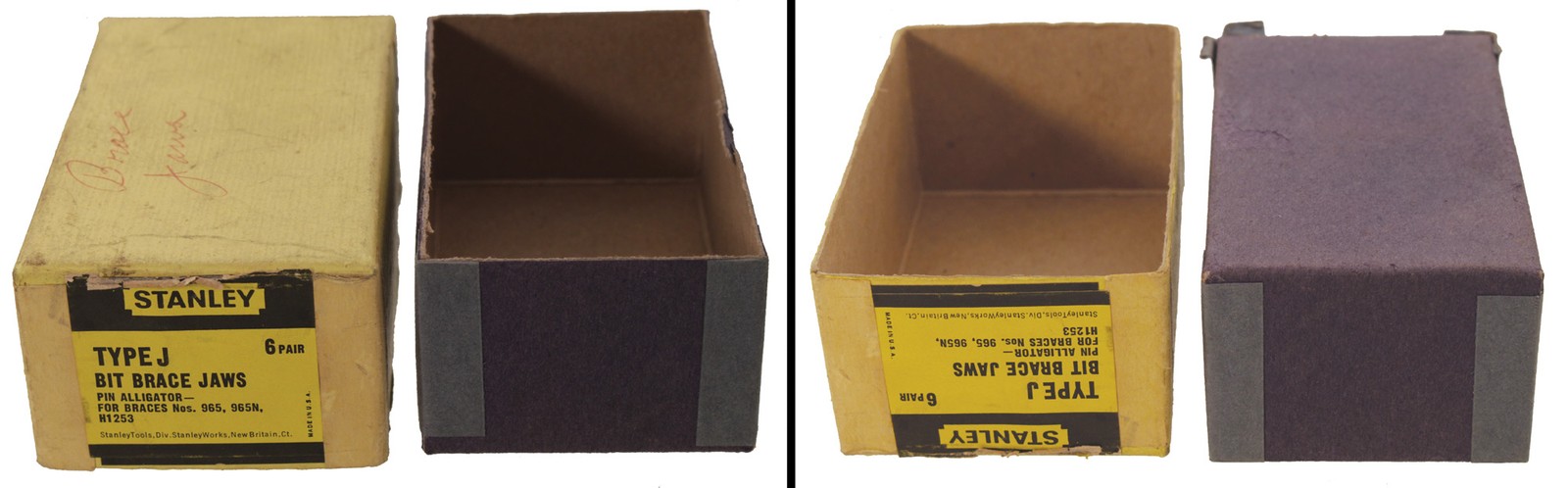 Orig. Yellow Pasteboard Box for Stanley Letter "J" Brace Jaws - mjdtoolparts