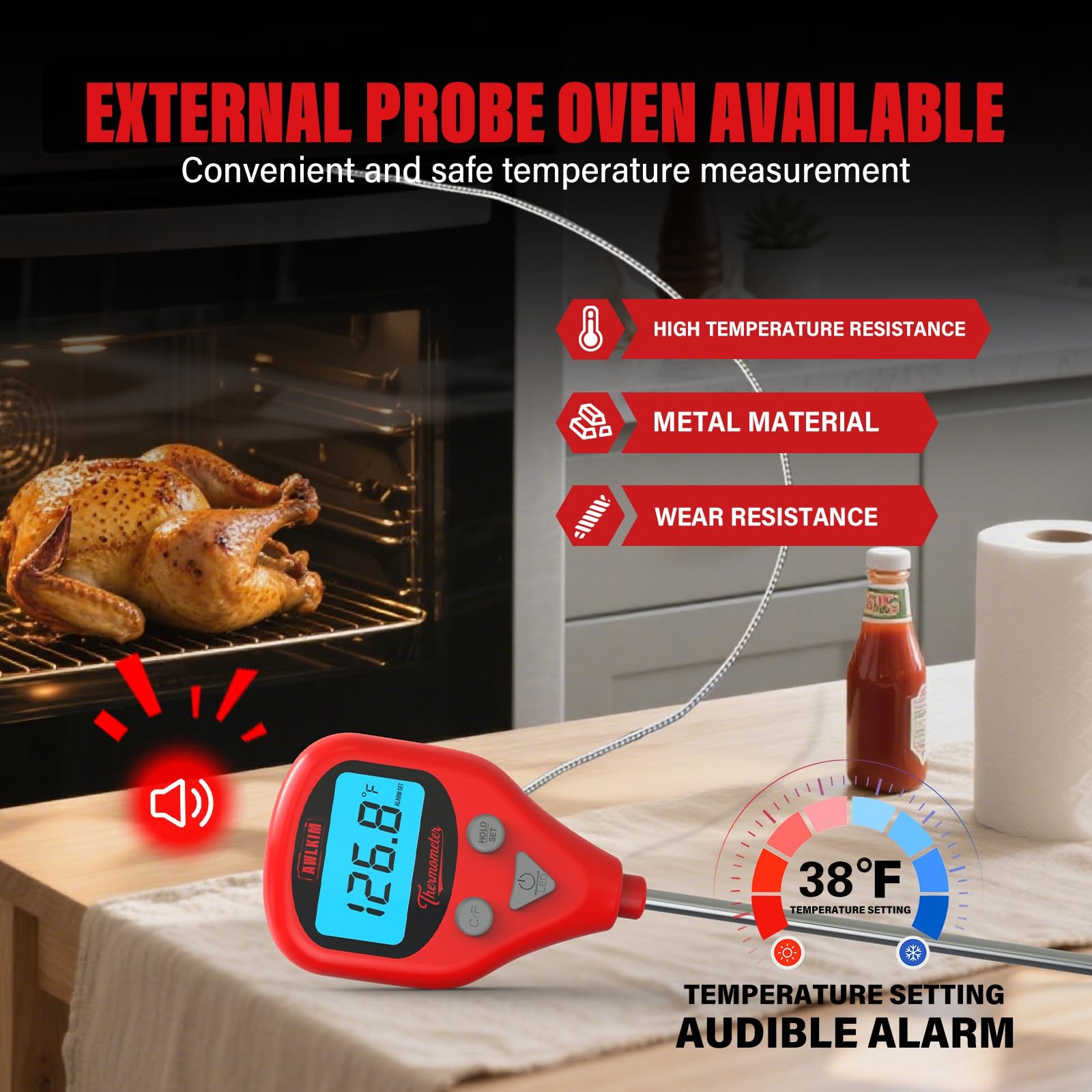 Rechargeable Digital Meat Thermometer with 3.3ft External Probe, Warning Aler