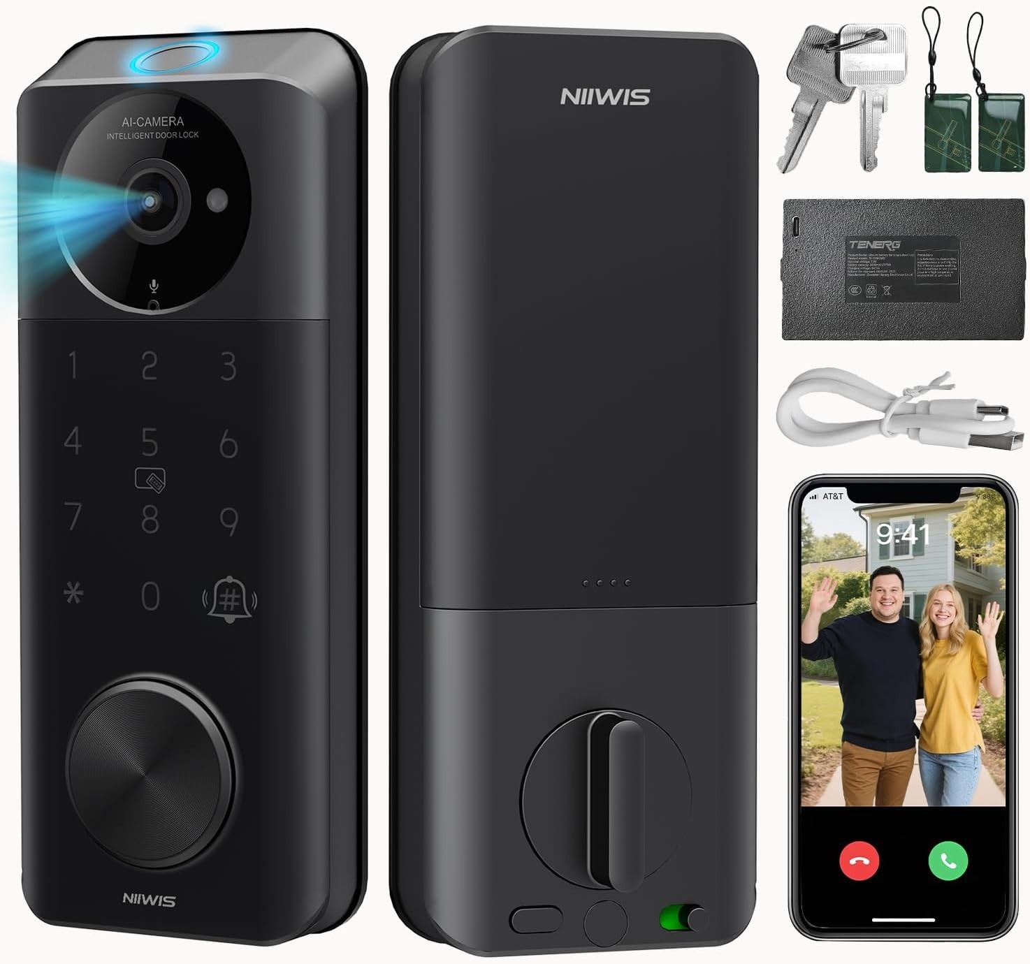Video Smart Lock with Camera & Doorbell, 6-in-1 Keyless Entry Door Lock with Fin