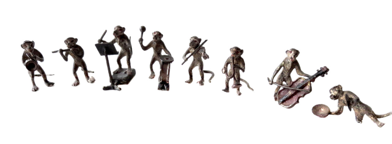 MONKEY Band ANTIQUE Austrian Vienna BRONZE COLD Painted 8 FIGURES