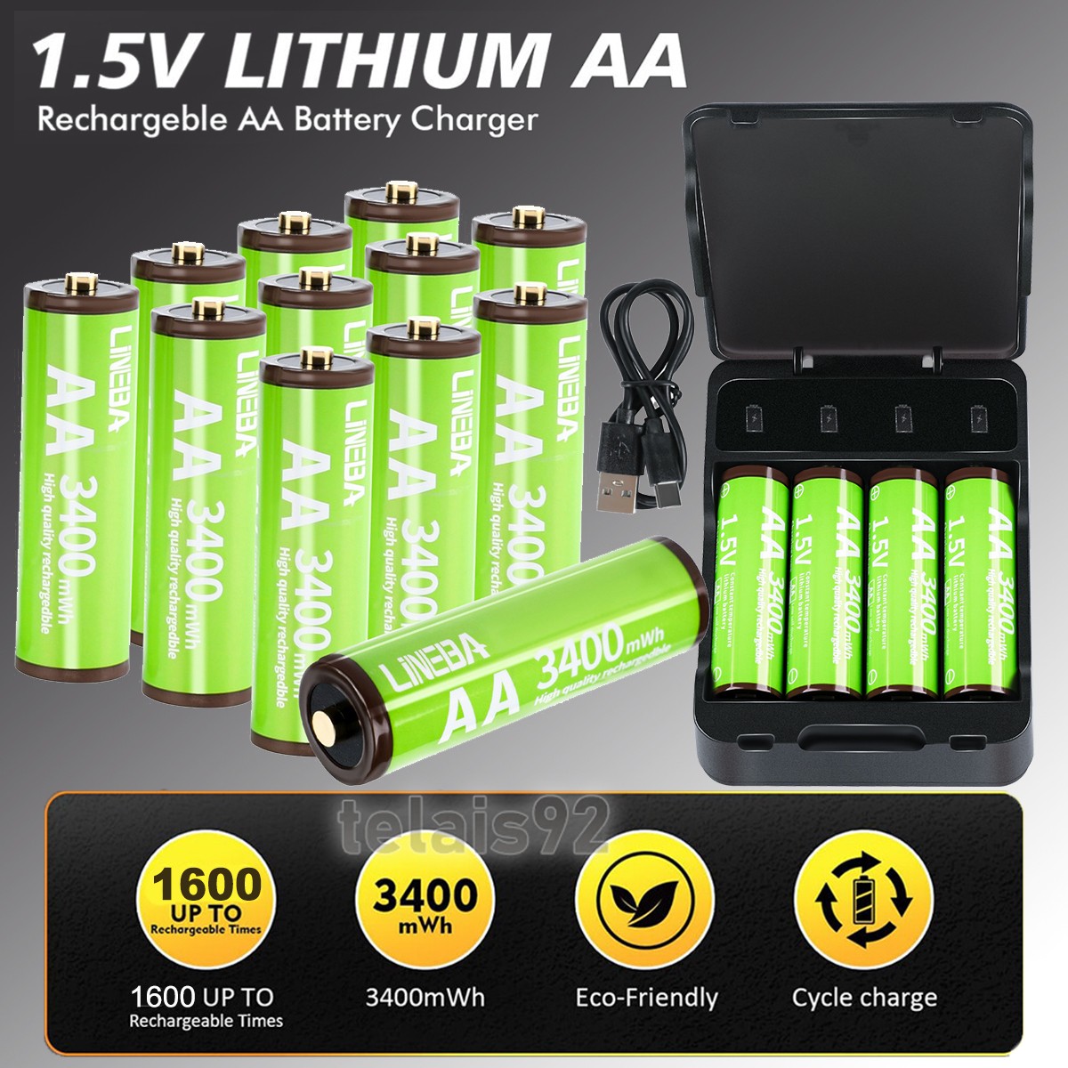 4/8/12/16PCS 1.5V 3400mWh AA Rechargeable Lithium Battery with Charger Box