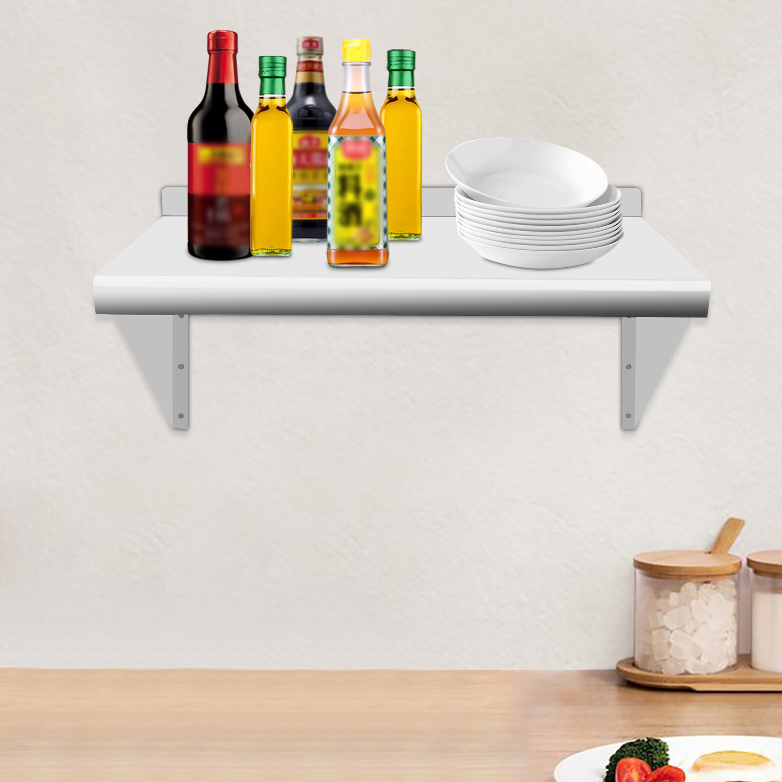 Stainless Steel Wall Shelf 24 × 12 in Brushed 201 SS Triangular Brackets 110 lb