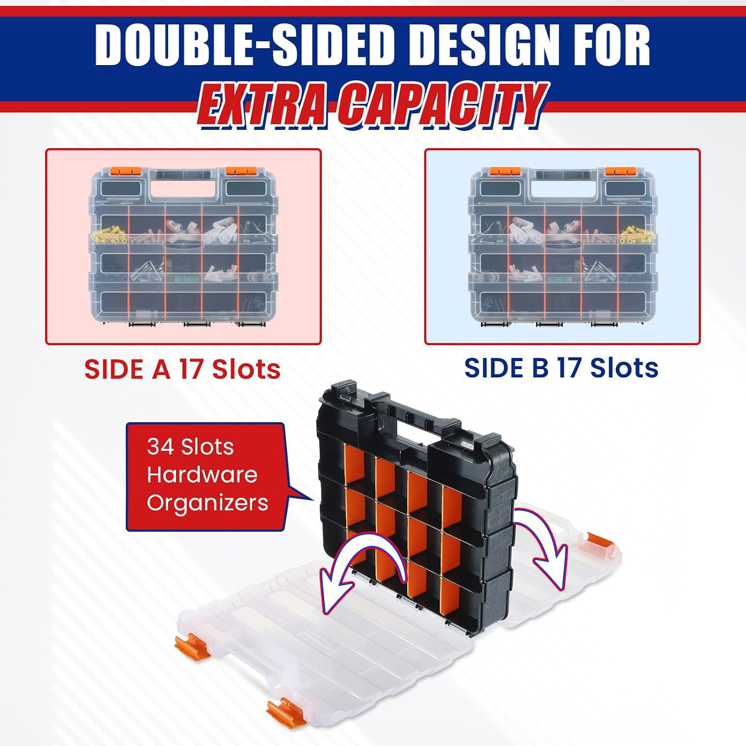 Small Parts Organizer, Hardware Organizer Box, 2 Pack Double Side 34 Compartment