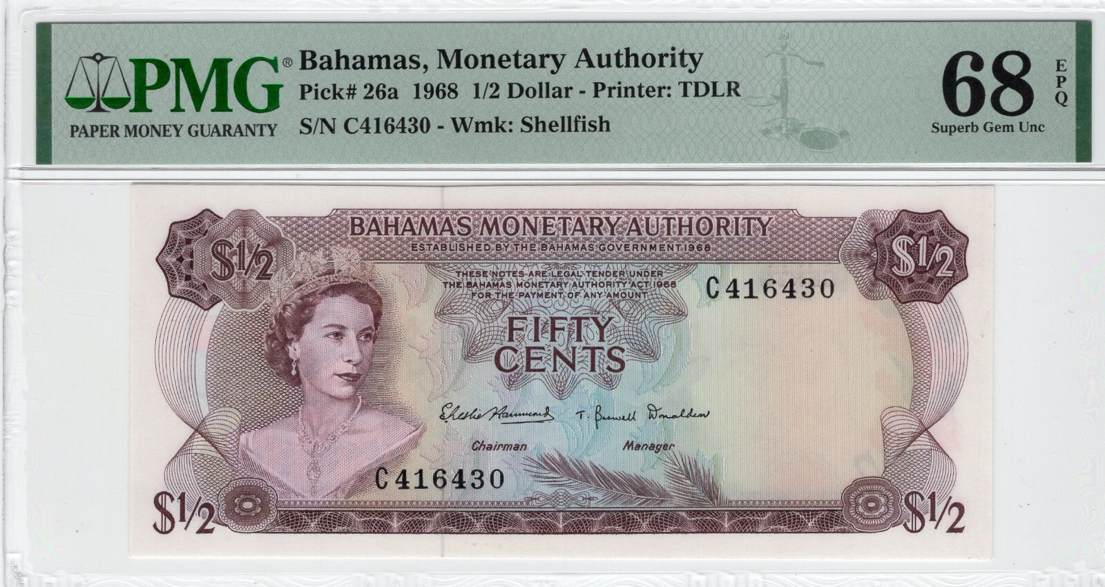 1968 Bahamas 1/2 Dollar P26a PMG 68 EPQ Superb Gem Unc
