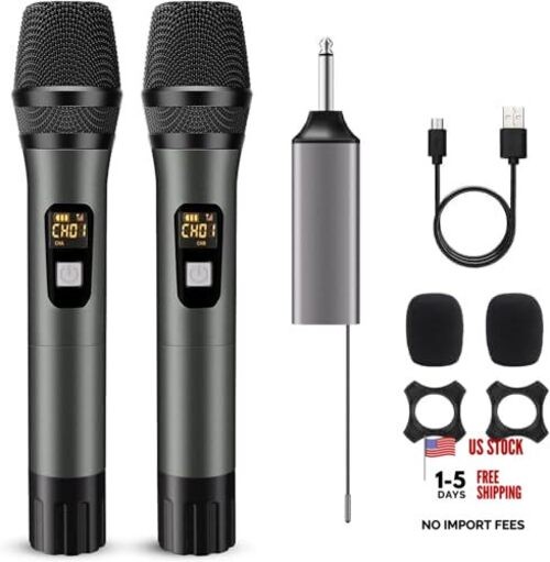 Wireless Microphone, Handheld UHF Dual Metal Cordless Dynamic Mic Dual Mic Grey