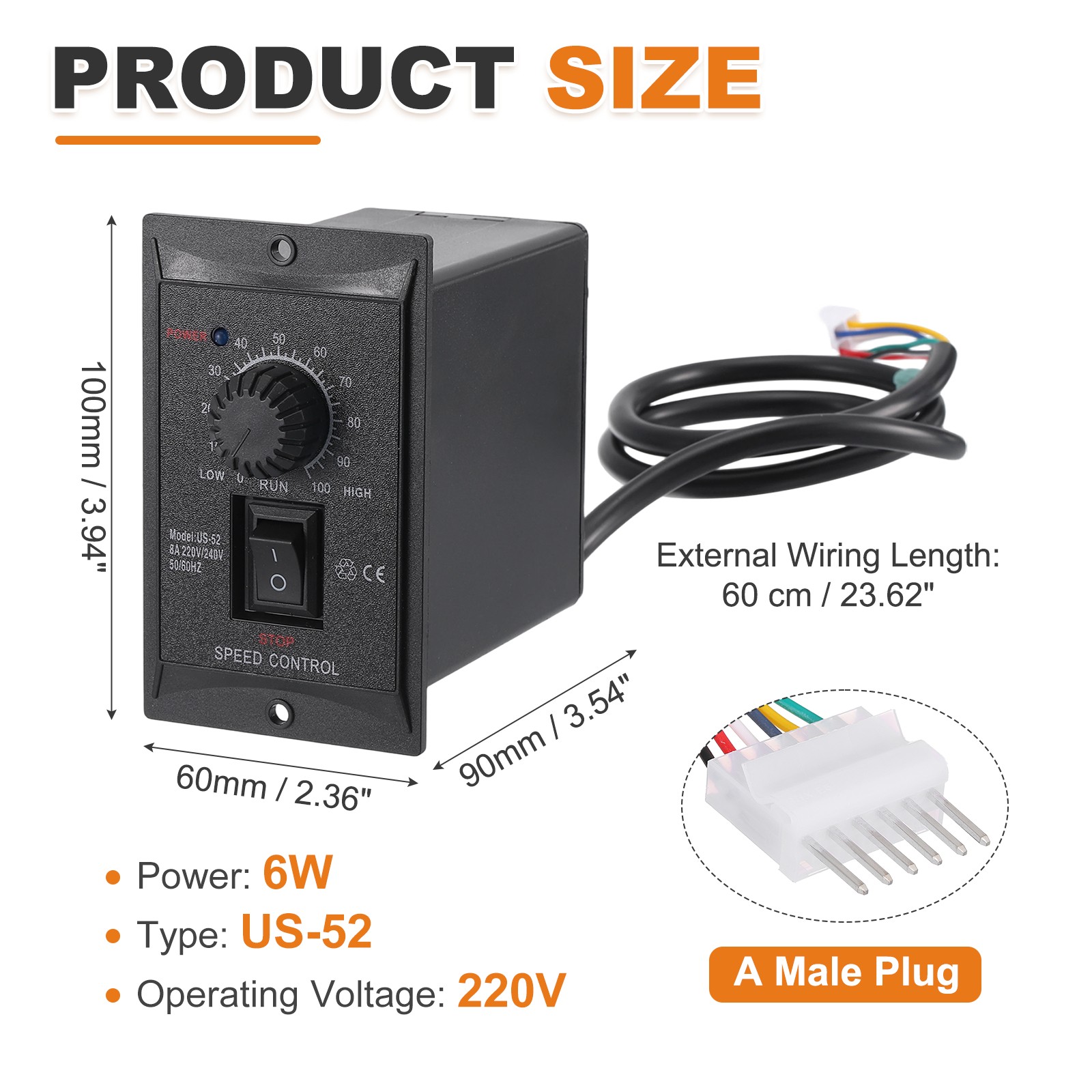 6W AC 220V Motor Speed Controller Forward Reverse w/ Terminal Block Male Plug