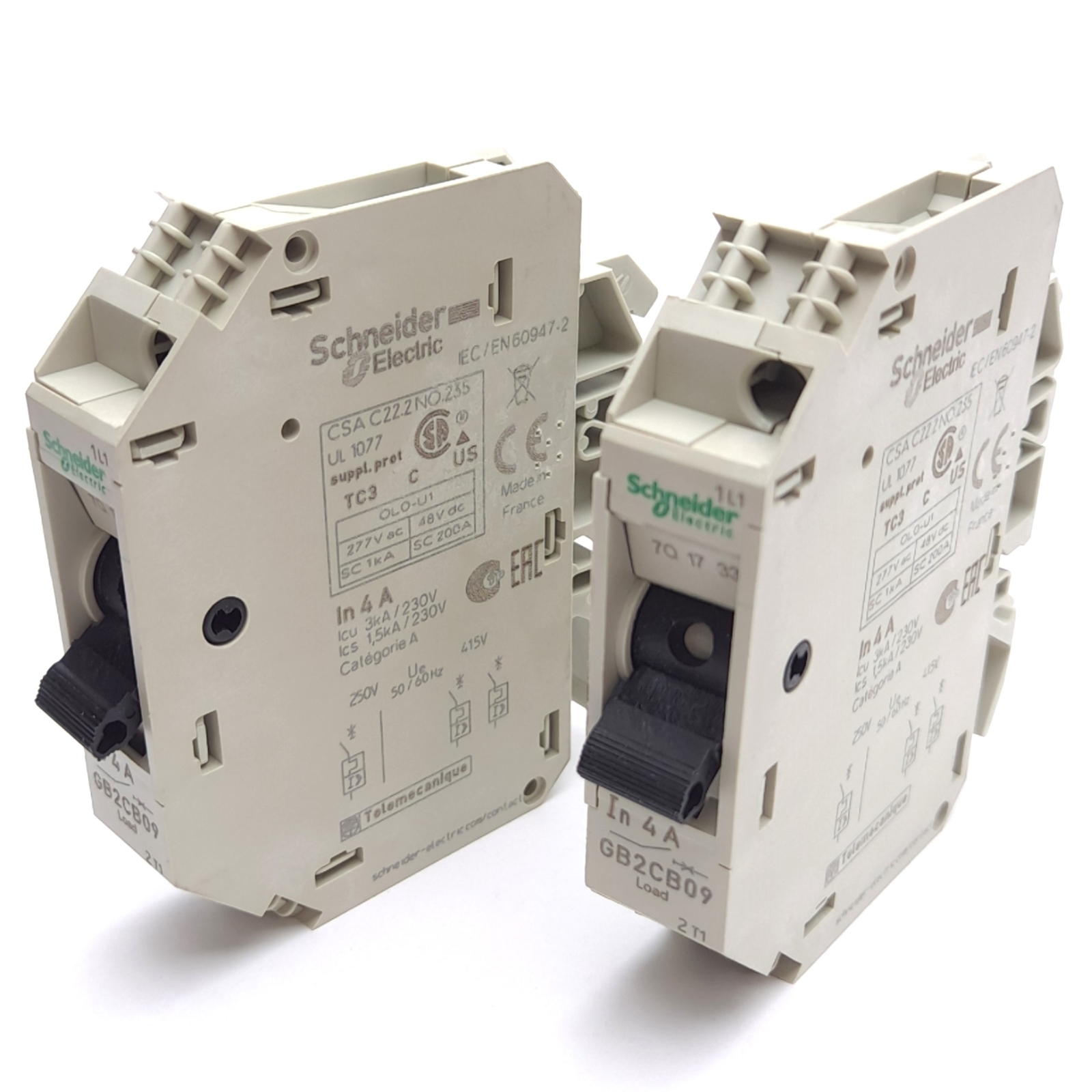 Lot of 2 Schneider Electric GB2CB09 Circuit Breaker, 1-Pole, 4A 277VAC/48VDC
