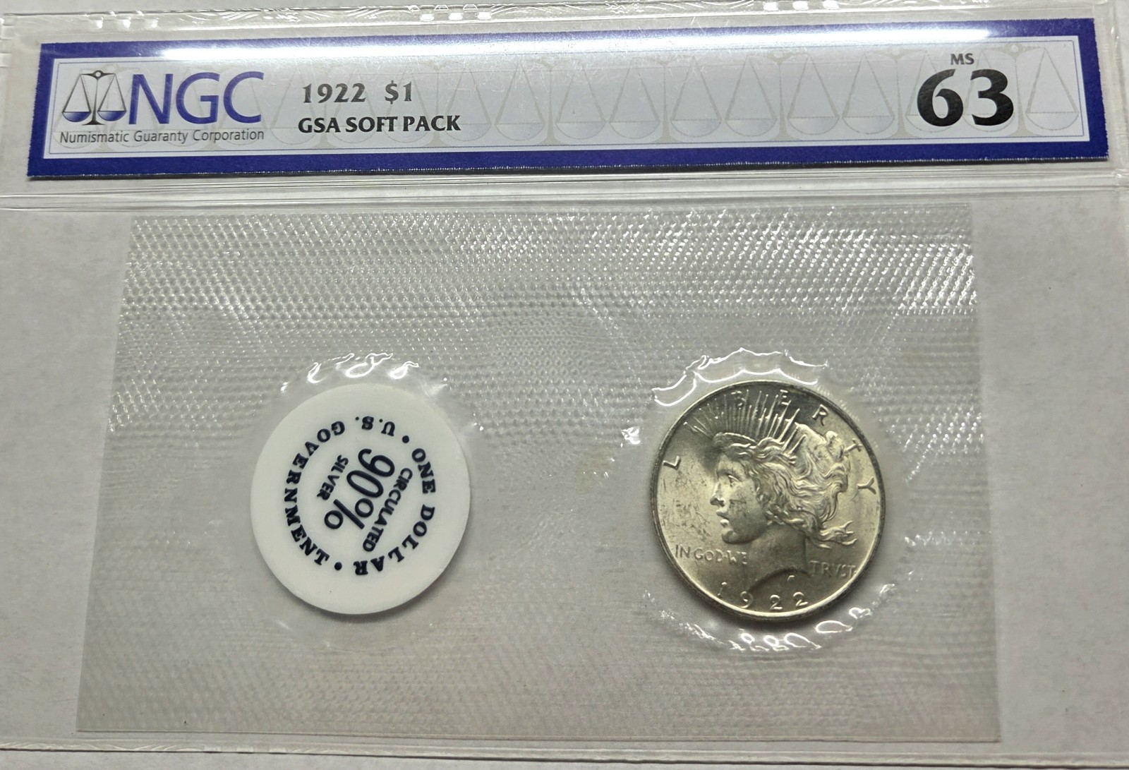 1922 Peace Silver Dollar GSA Soft Pack NGC MS63
