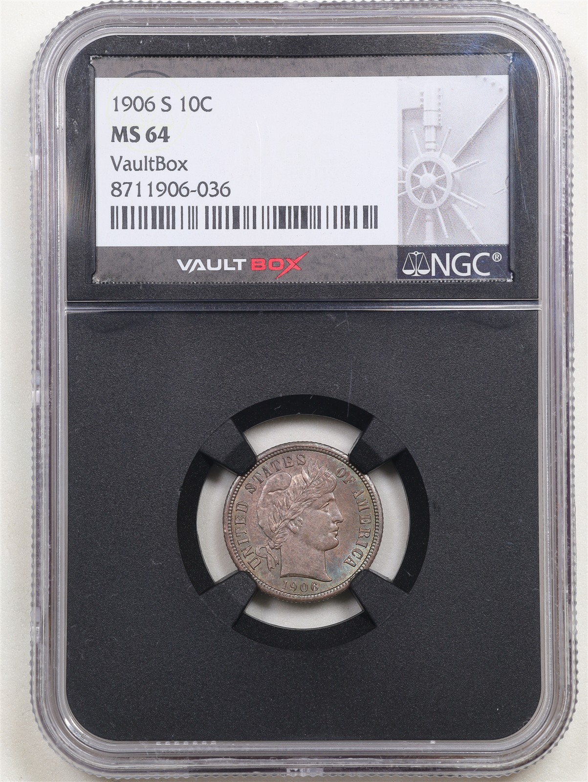 1906-S 10C Barber Liberty Head Dime MS64 NGC 8711906-036 VaultBox - Toned