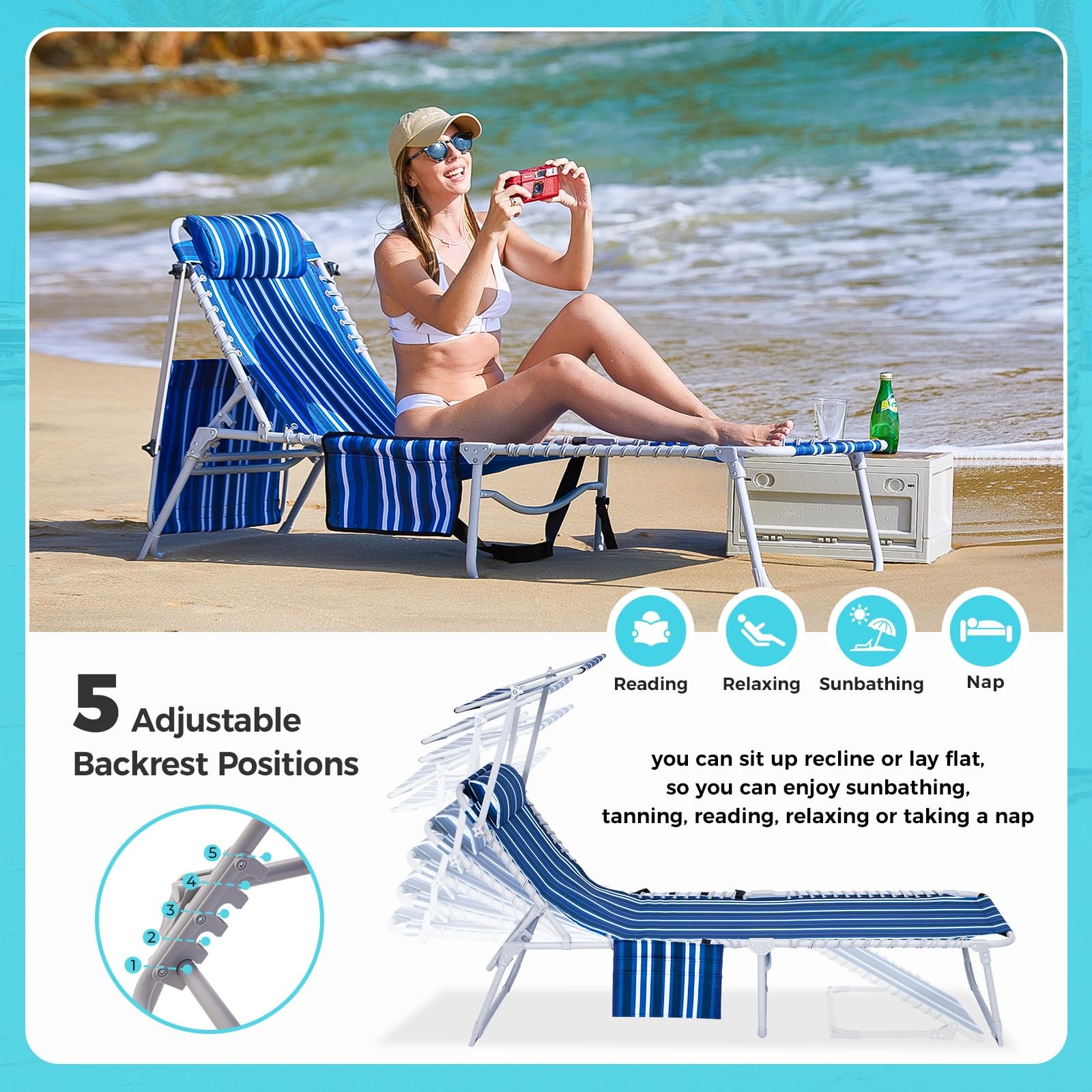 #WEJOY Folding Lounge Chair with Canopy Shade, Portable Adjustable 5-Position...