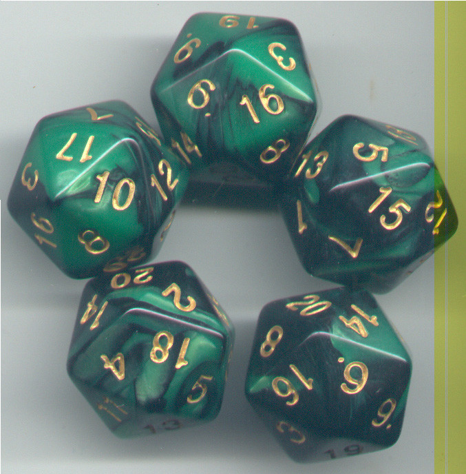 NEW RPG Dice Set of 5 D20 - Twisted Black-Green