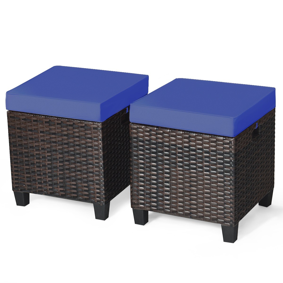 2PCS Patio Rattan Ottoman Cushioned Seat Foot Rest Coffee Table Furniture Garden