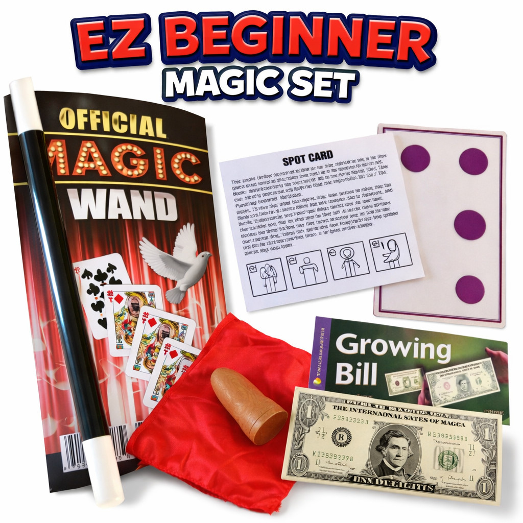 BEGINNER MAGIC SET Kit 10" Magician Wand + 7 Trick Money Card Thumb Tip Silk Toy