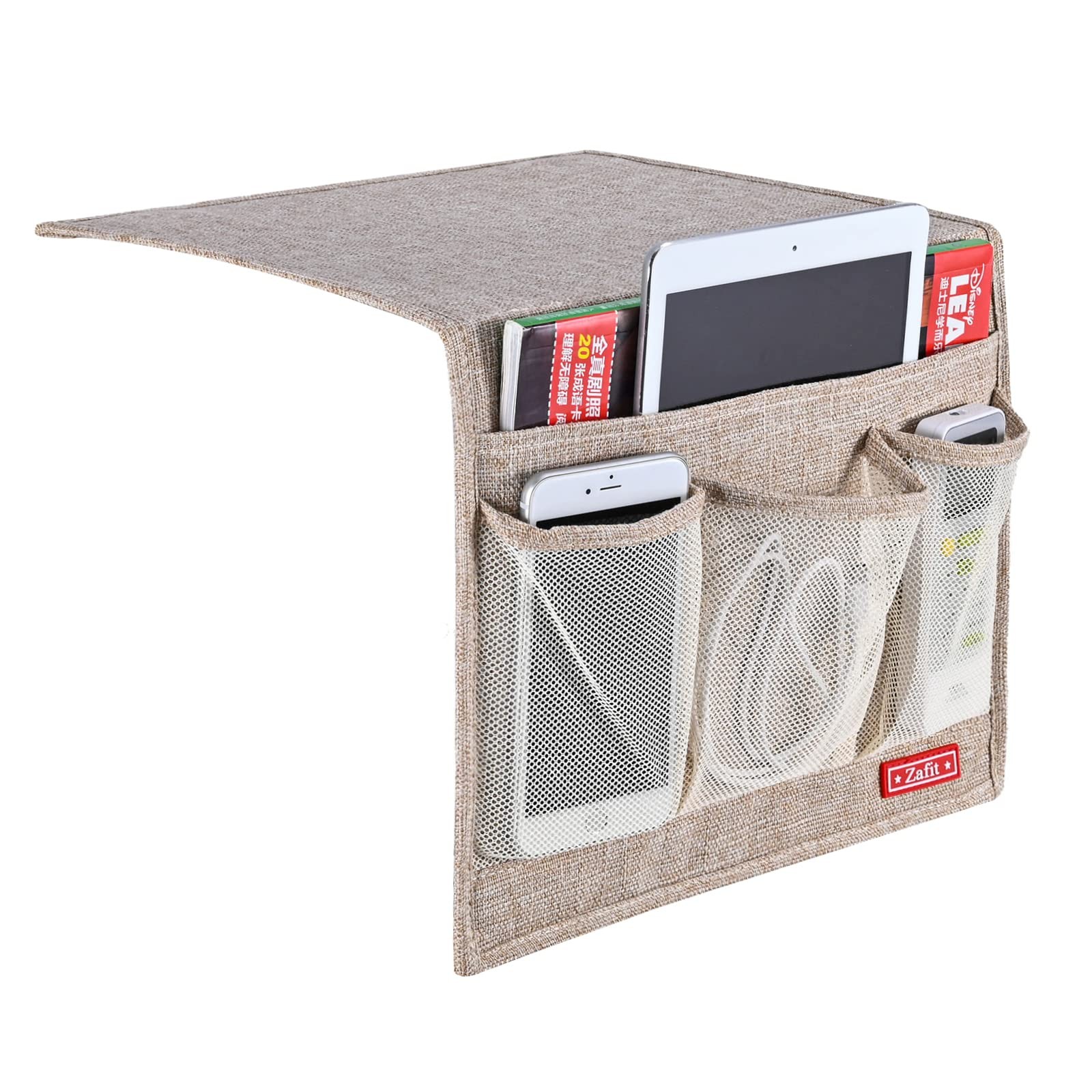 Linen 4 Pockets Bedside Caddy Storage Organizer For Remotes Phone Beige