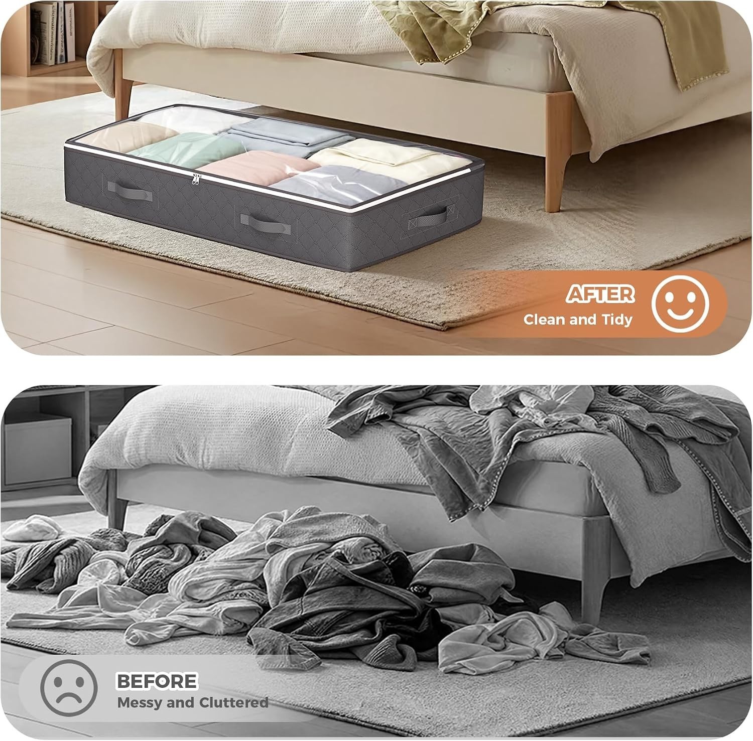 90L Under Bed Storage Containers, 4 Pack Closet Organizers Grey | Foldable un...