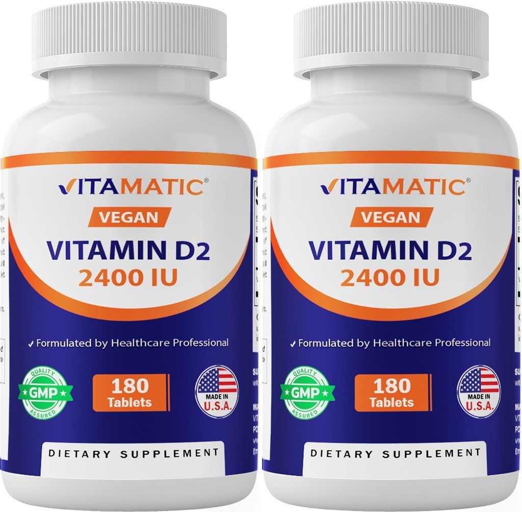 Vitamatic Vitamin D2 60 mcg (2400 IU) - Ergocalciferol - 180 Tablets - 2 Pack