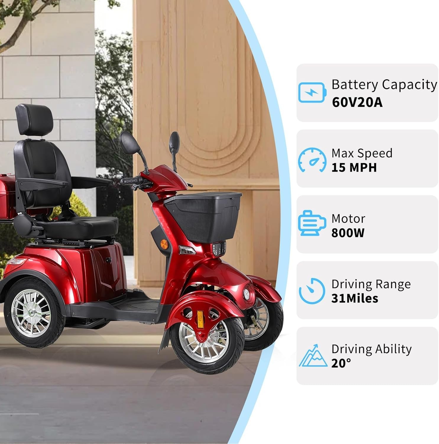 800W 4 Wheel Electric Mobility Scooter All Terrain for Seniors 60V20Ah 500lbs US