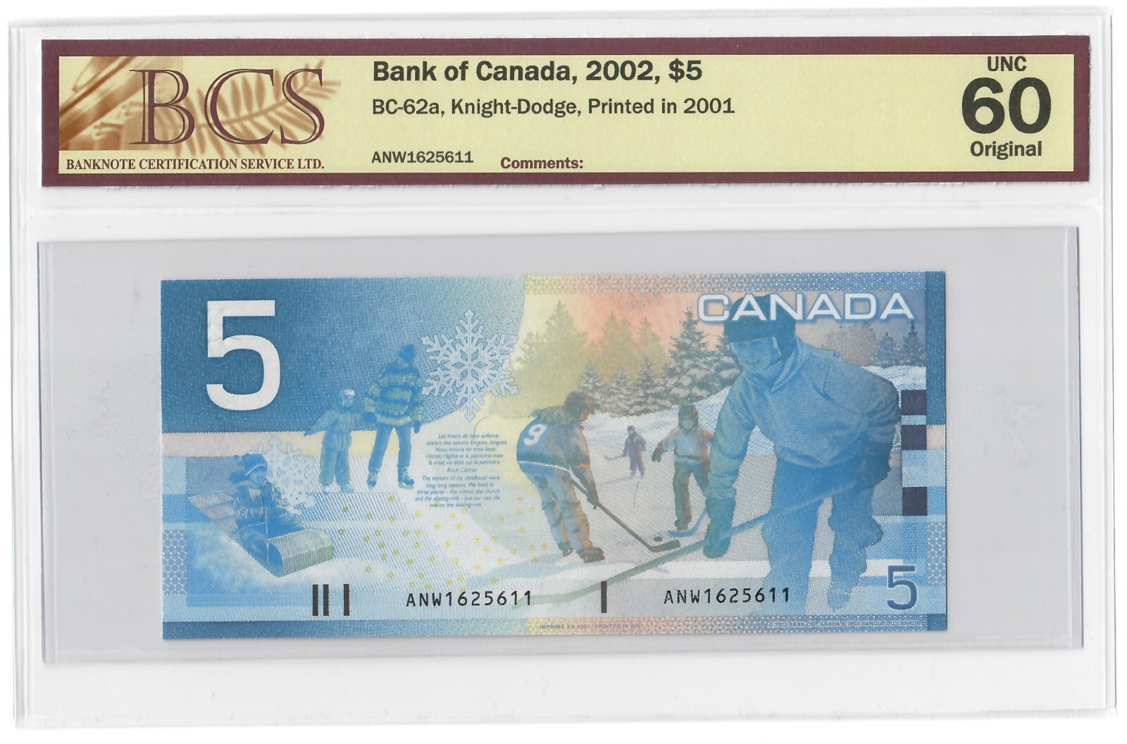 Canada 5 Dollars 2002 (2001) UNC "ANW" Knight-Dodge BCS Graded UNC 60 Original