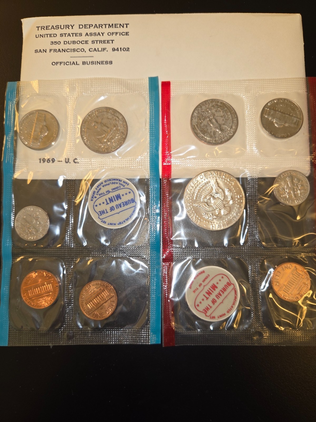 1969 U.S. Mint Uncirculated Coin Set P&D Original Envelope, 10 coins