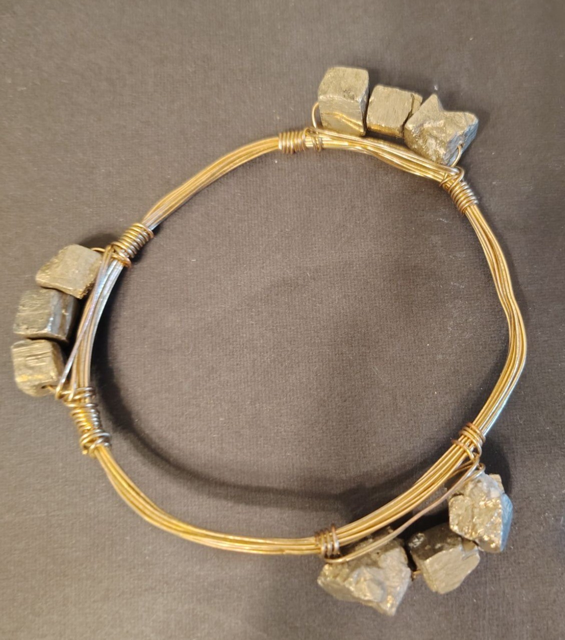 Handmade Natural Pyrite and Multi Wired Bangle Bracelet, Boho Artsy Art to Wear