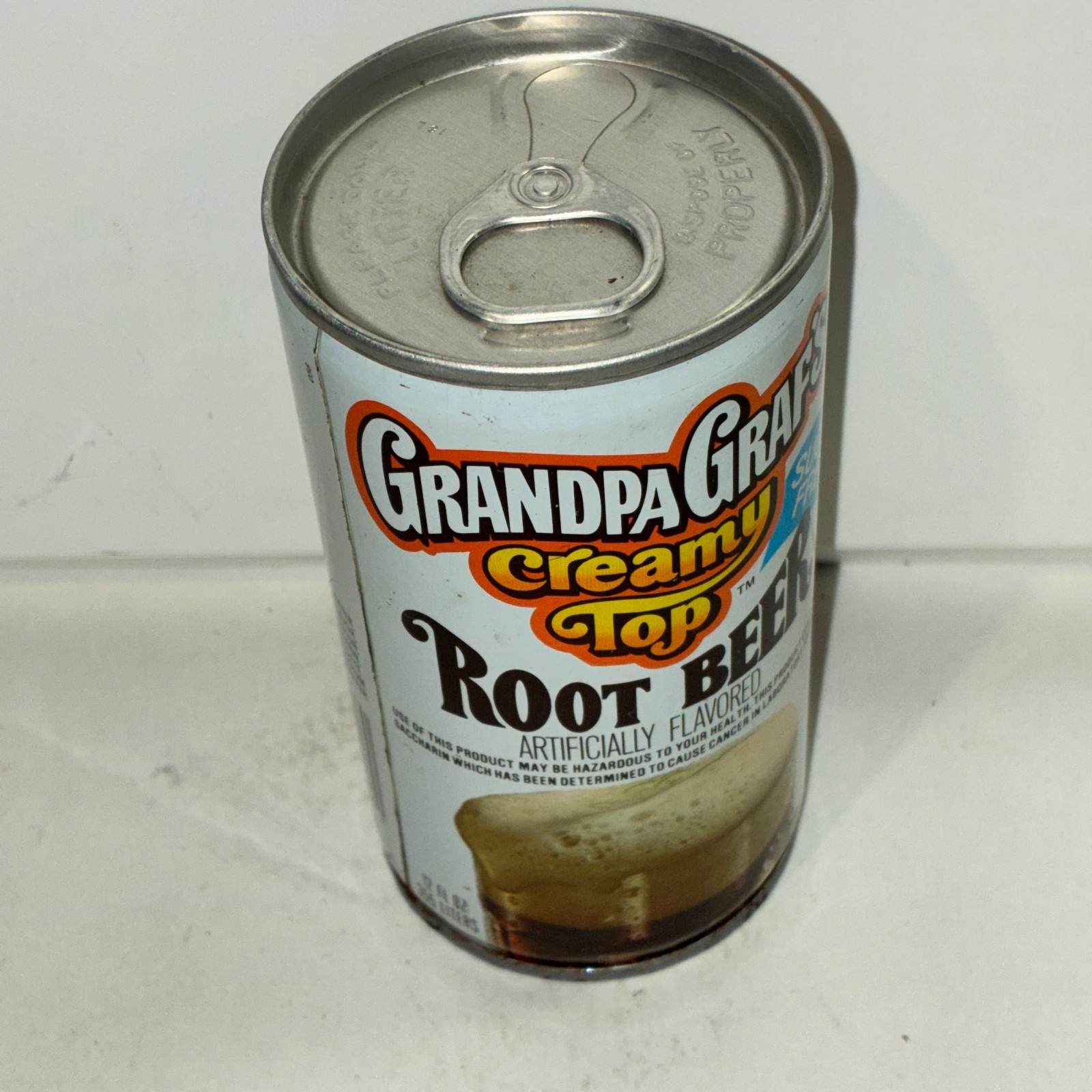 Grandpa Graf's Sugar Free Root Beer soda can, bottom opened