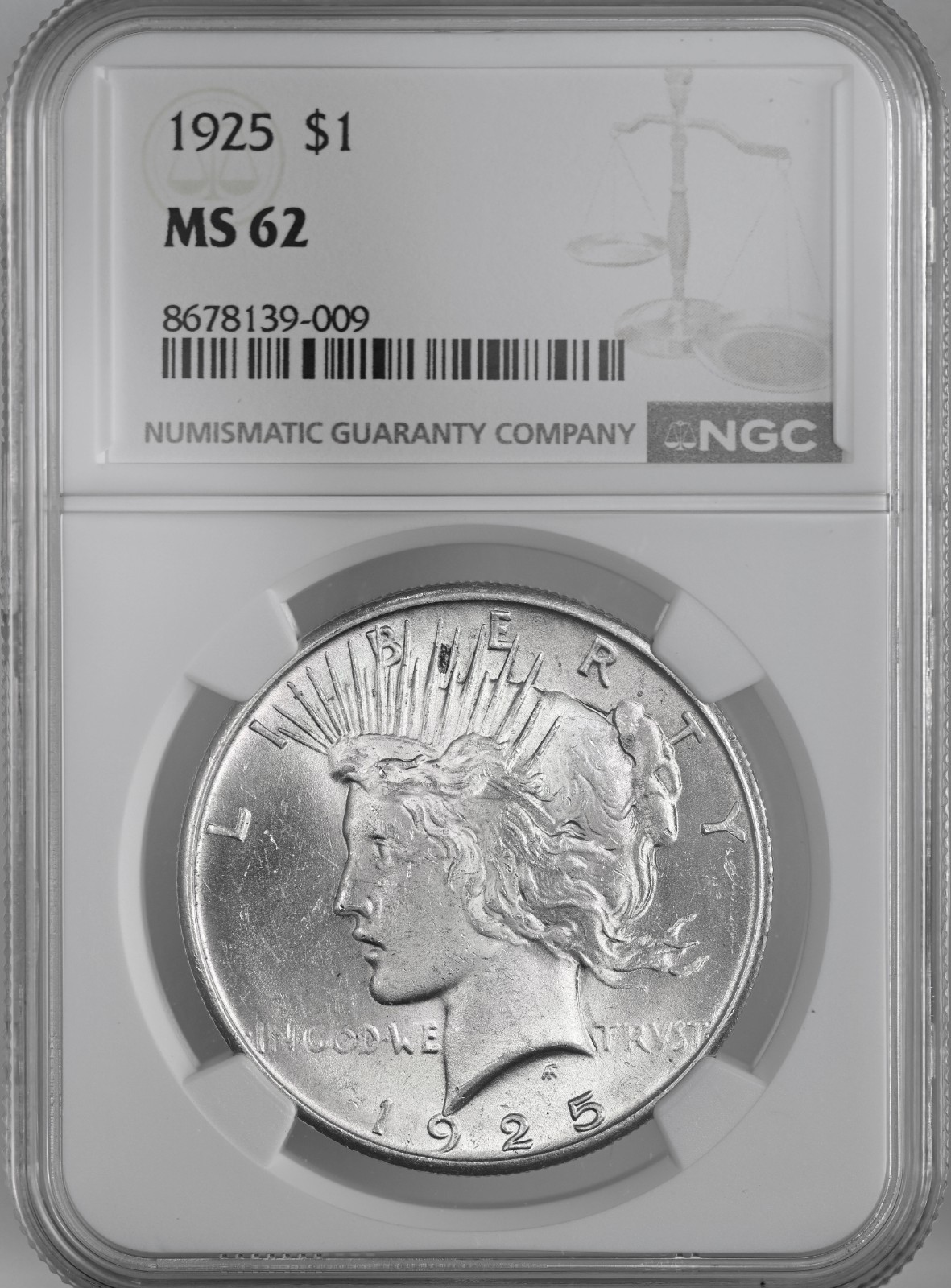 1925-P  $1 PEACE SILVER DOLLAR  "PHILADELPHIA MINT"  NGC MS62 #8678139-009