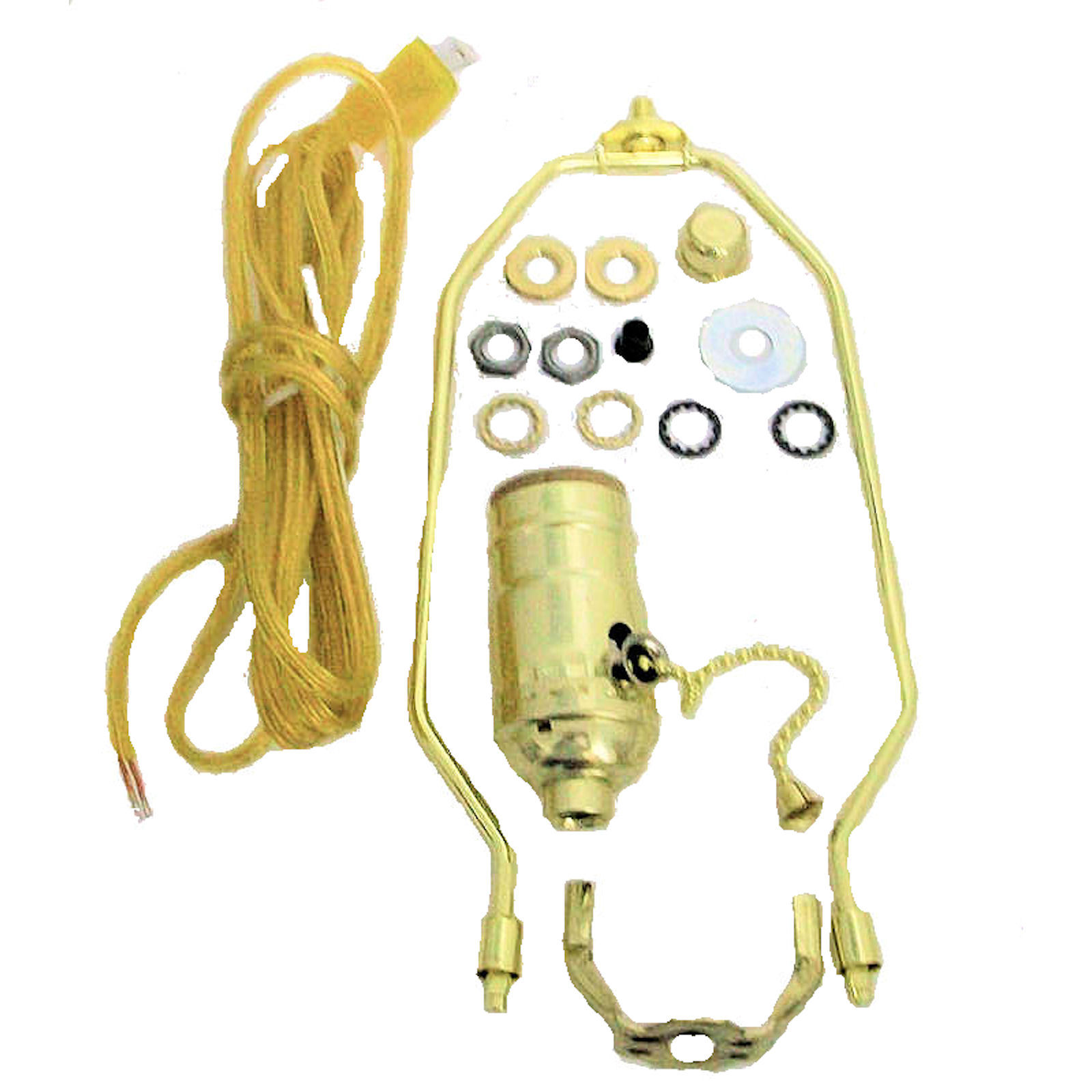 BRASS-PLATED LAMP PART KIT: 8' GOLD CORD, PULL-CHAIN SOCKET, 7" HARP, NECK