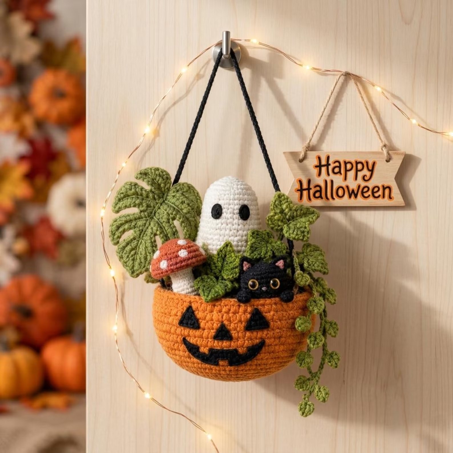 Handmade crochet pumpkin decor, ghost cat mushroom hanging basket halloween gift