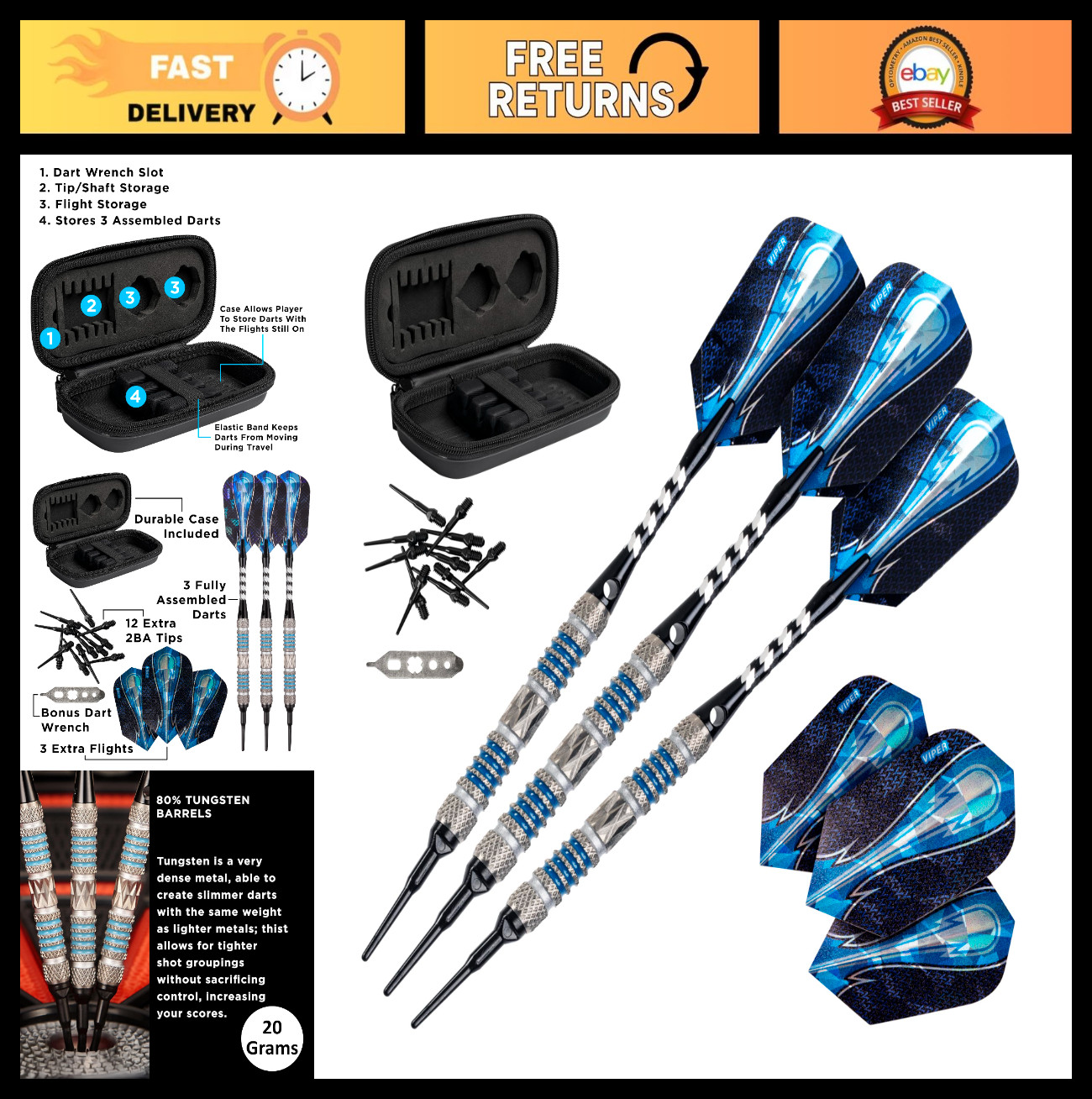 80% Tungsten Soft Tip Darts Set with Travel Case - Precision, Durable, Lightweig