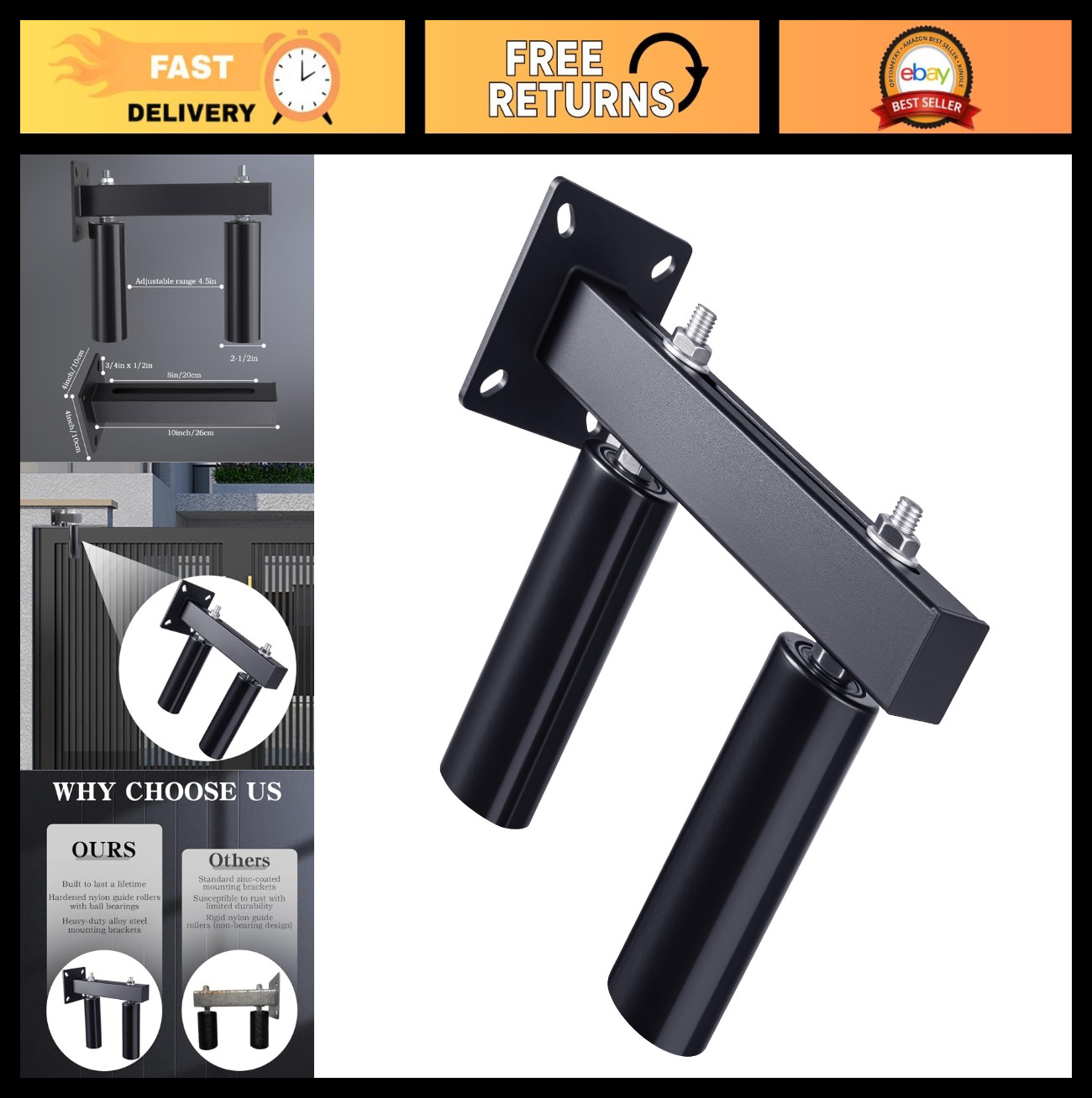 Heavy Duty Slide Gate Guide Roller - 6" Adjustable UHMW Nylon Wheel Pulley for S