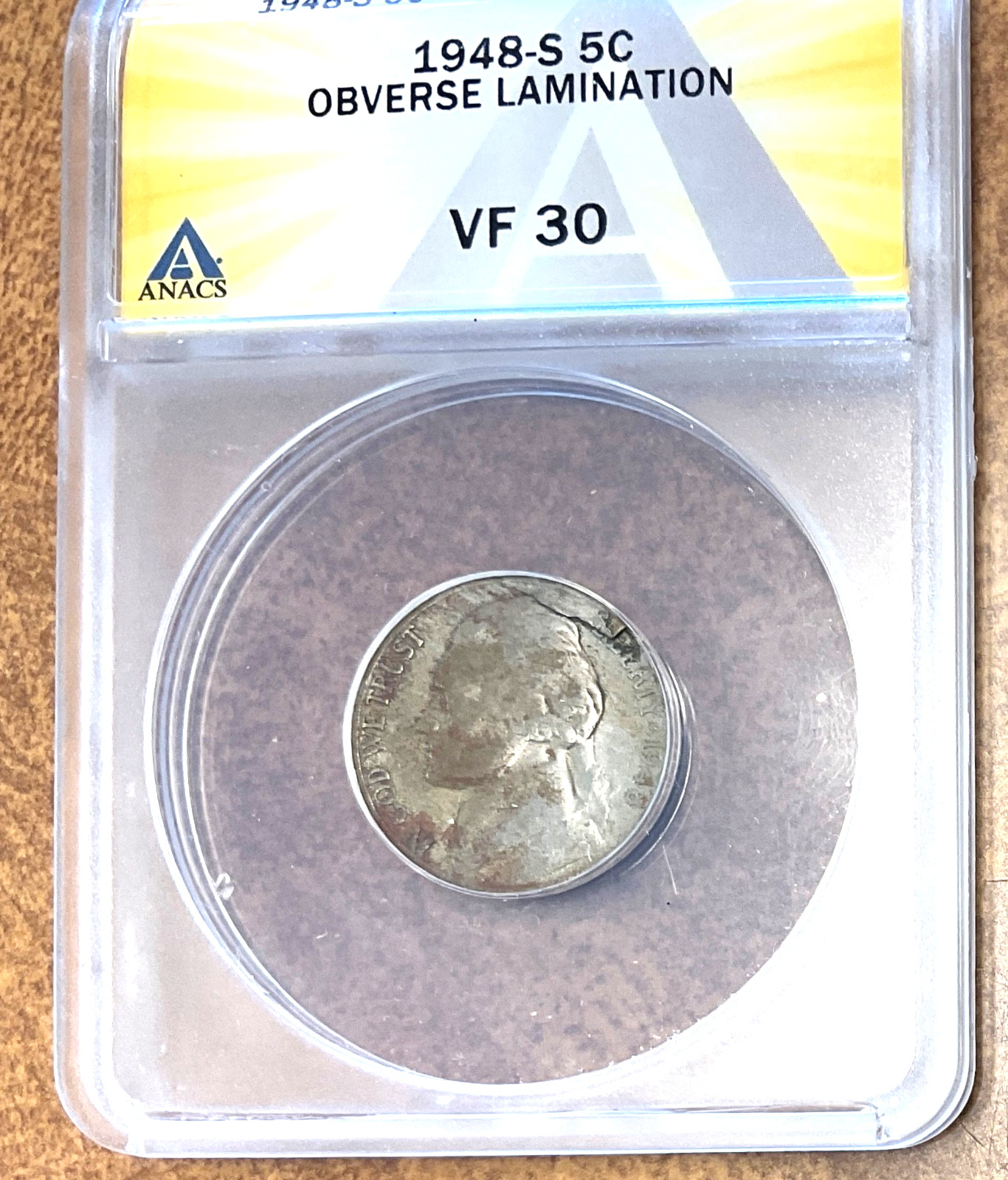 1948 S 5c Major Obverse Lamination ERROR, ANACS VF30